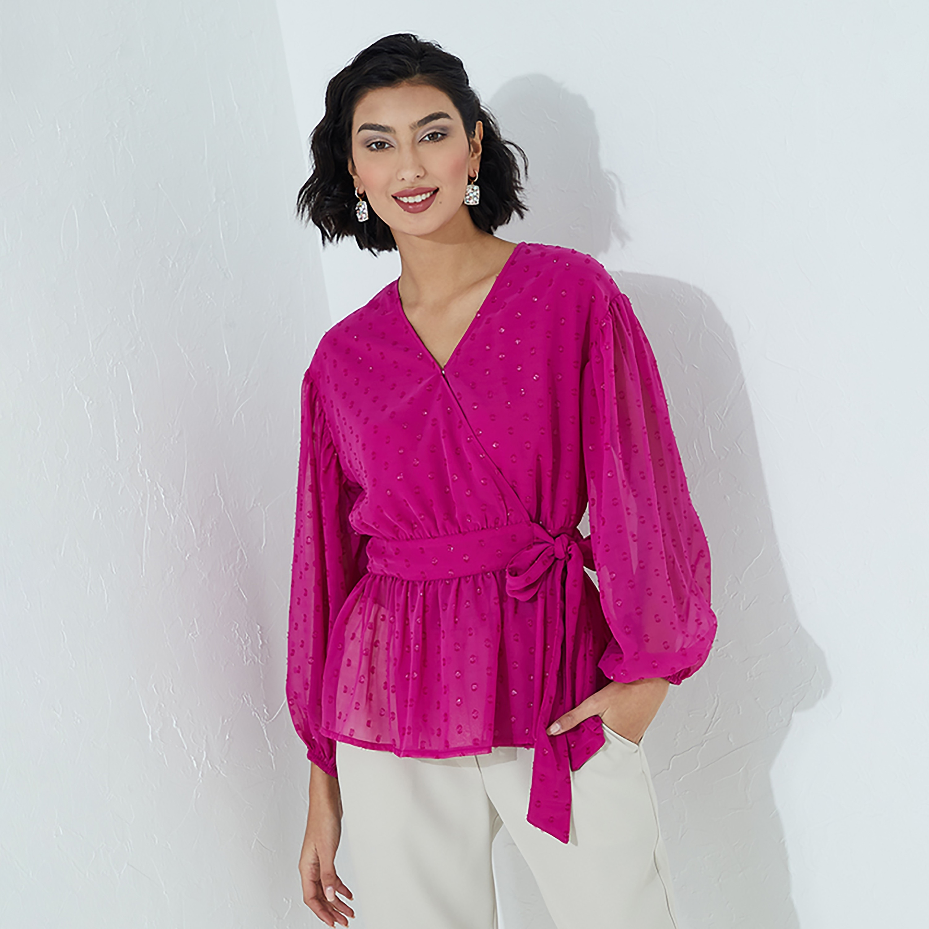 Aeropostale Magenta Dobby Balloon Sleeves Women's Wrap Top-women-clothing-shirtsandblouses-blouses-image-1