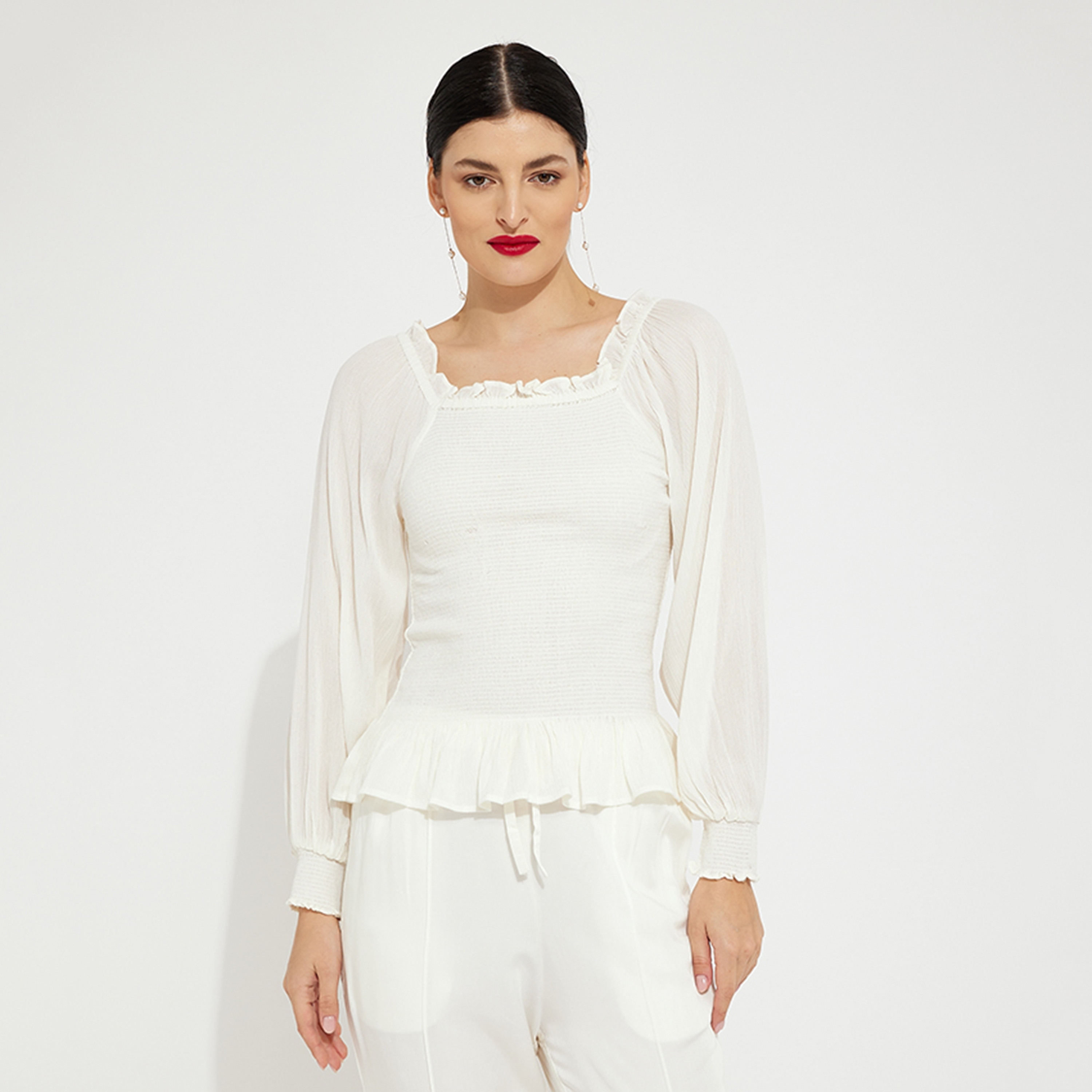 Aeropostale Ivory Smocked Ruffled Neck Bishop Sleeves Women's Peplum Top-women-clothing-shirtsandblouses-blouses-image-1