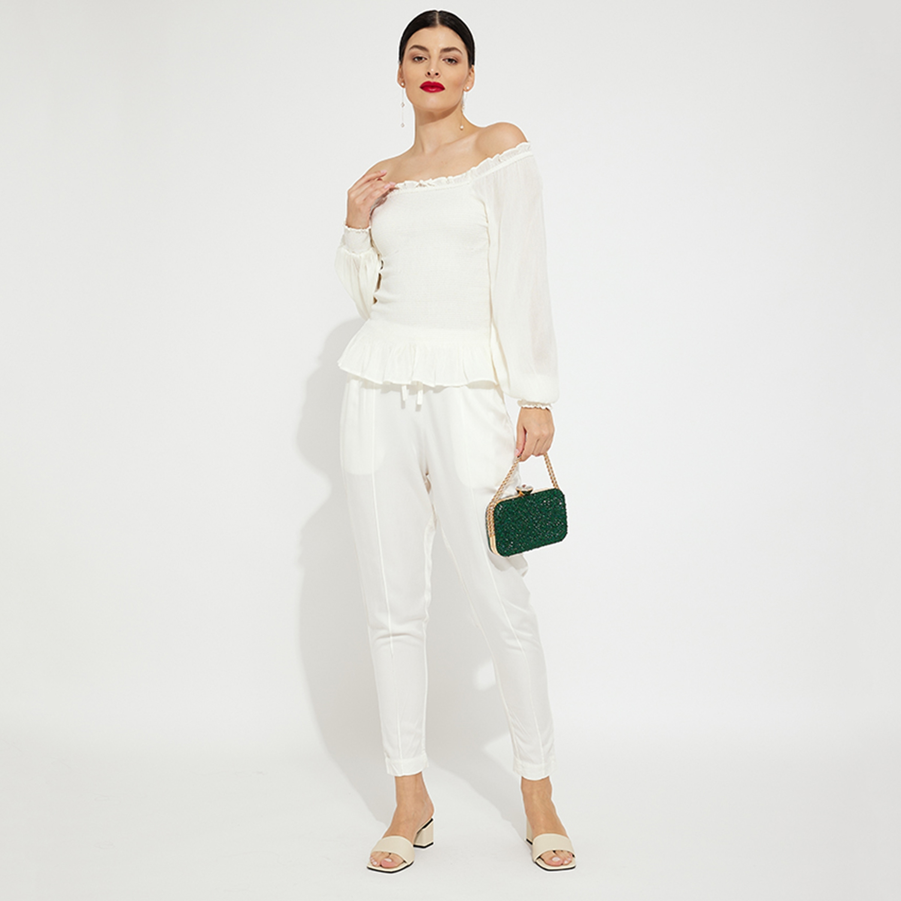 Aeropostale Ivory Smocked Ruffled Neck Bishop Sleeves Women's Peplum Top-women-clothing-shirtsandblouses-blouses-image-2