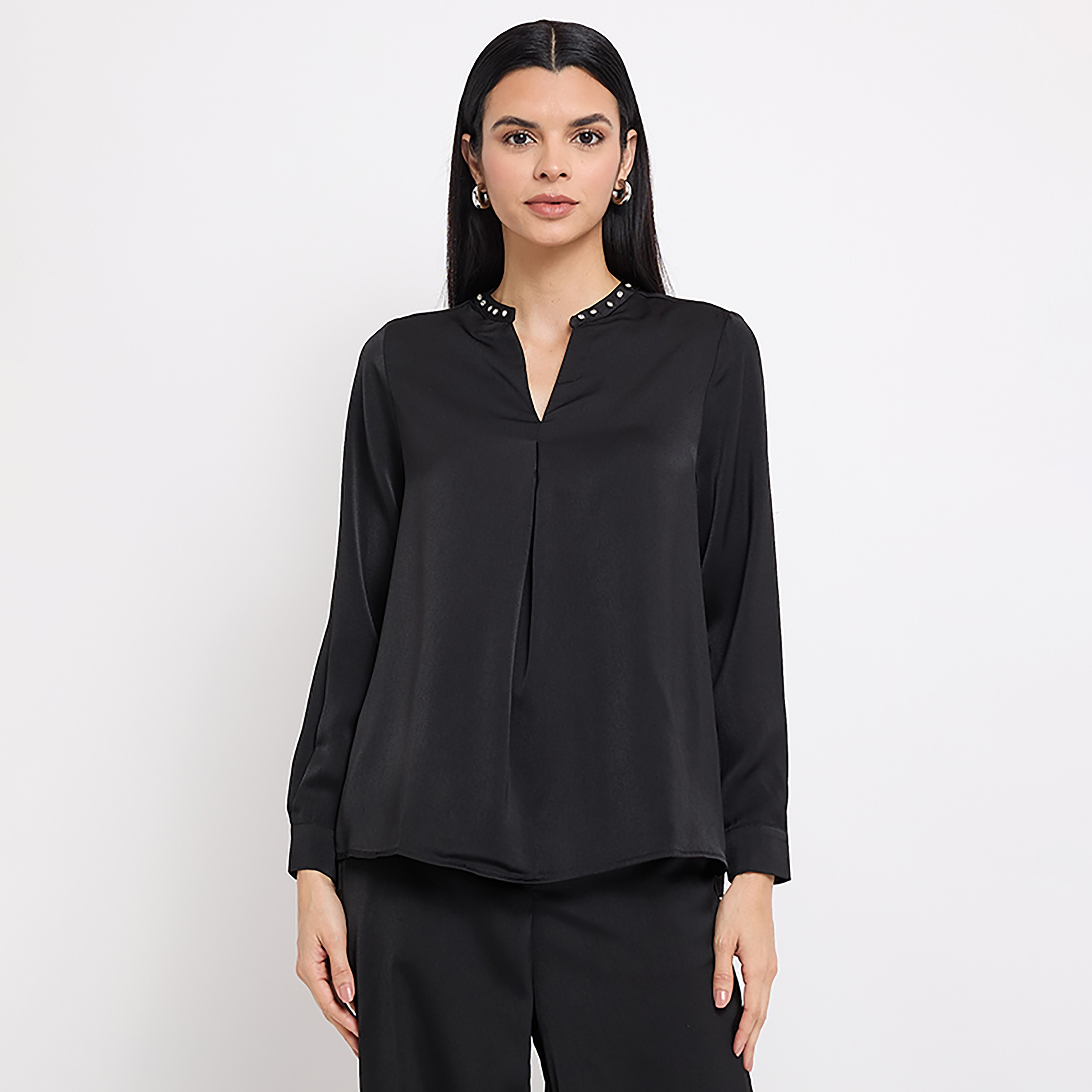 Aeropostale Black Satin Embellished Collar Top-women-clothing-shirtsandblouses-blouses-image-1