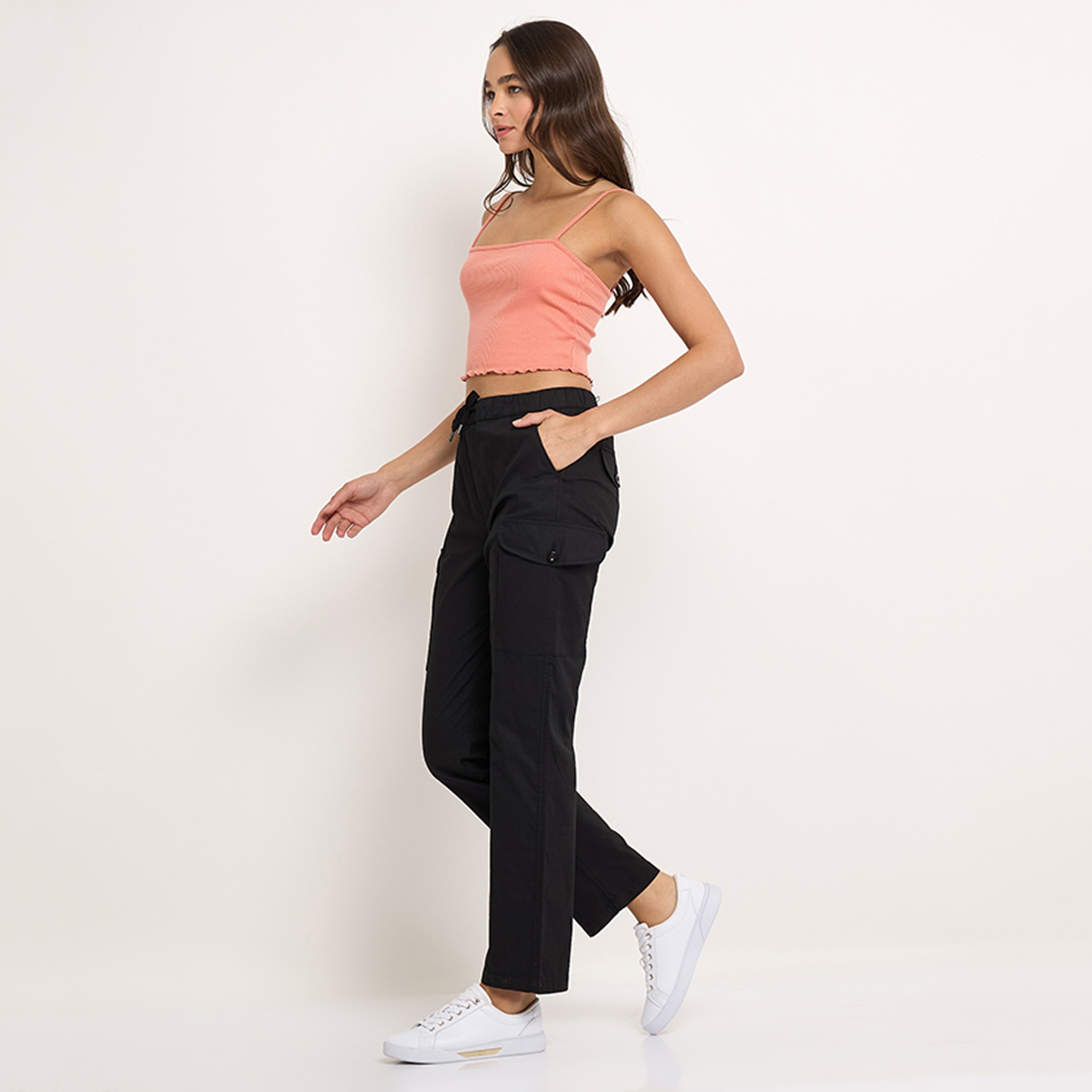 Aeropostale Plain High-Rise Elasticated Waistband Women's Cargo Pants-women-clothing-bottoms-trousers-image-2
