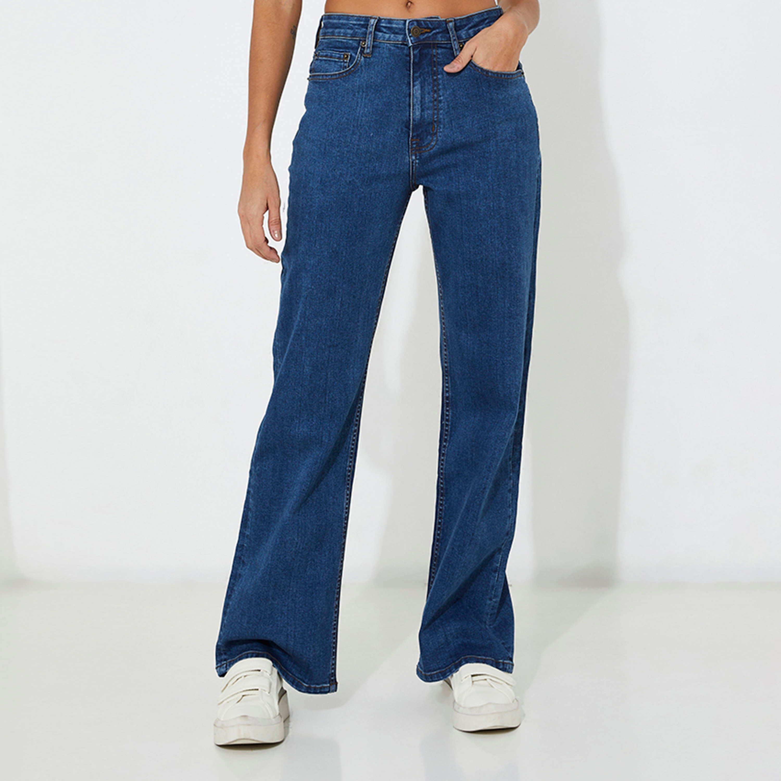 بنطلون جينز نسائي سادة بخصر متوسط وسحاب وأزرار من أيروبوستال-women-clothing-bottoms-jeans-image-1
