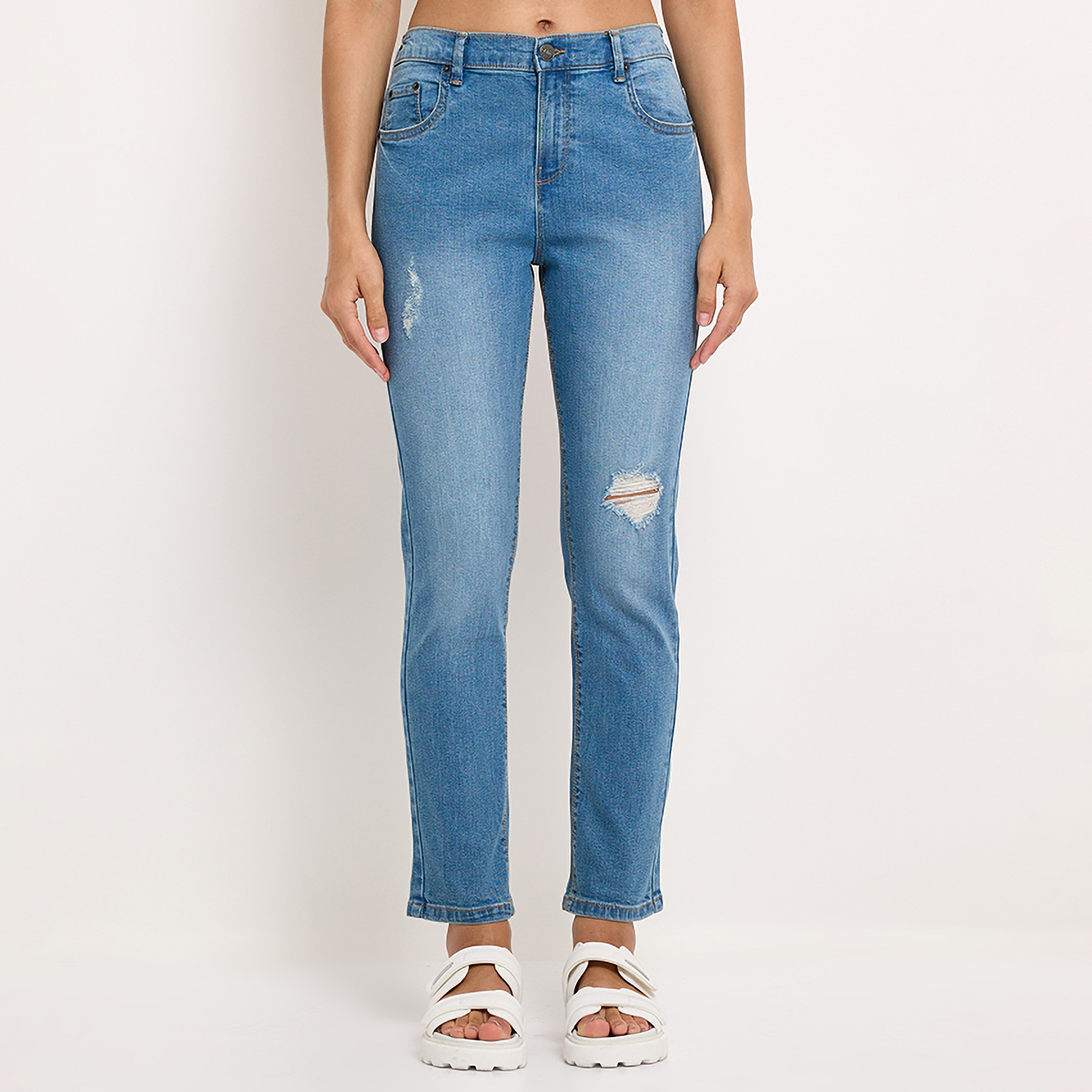 بنطلون جينز نسائي مقطع بخصر مرتفع وسحاب وأزرار من أيروبوستال-women-clothing-bottoms-jeans-image-1