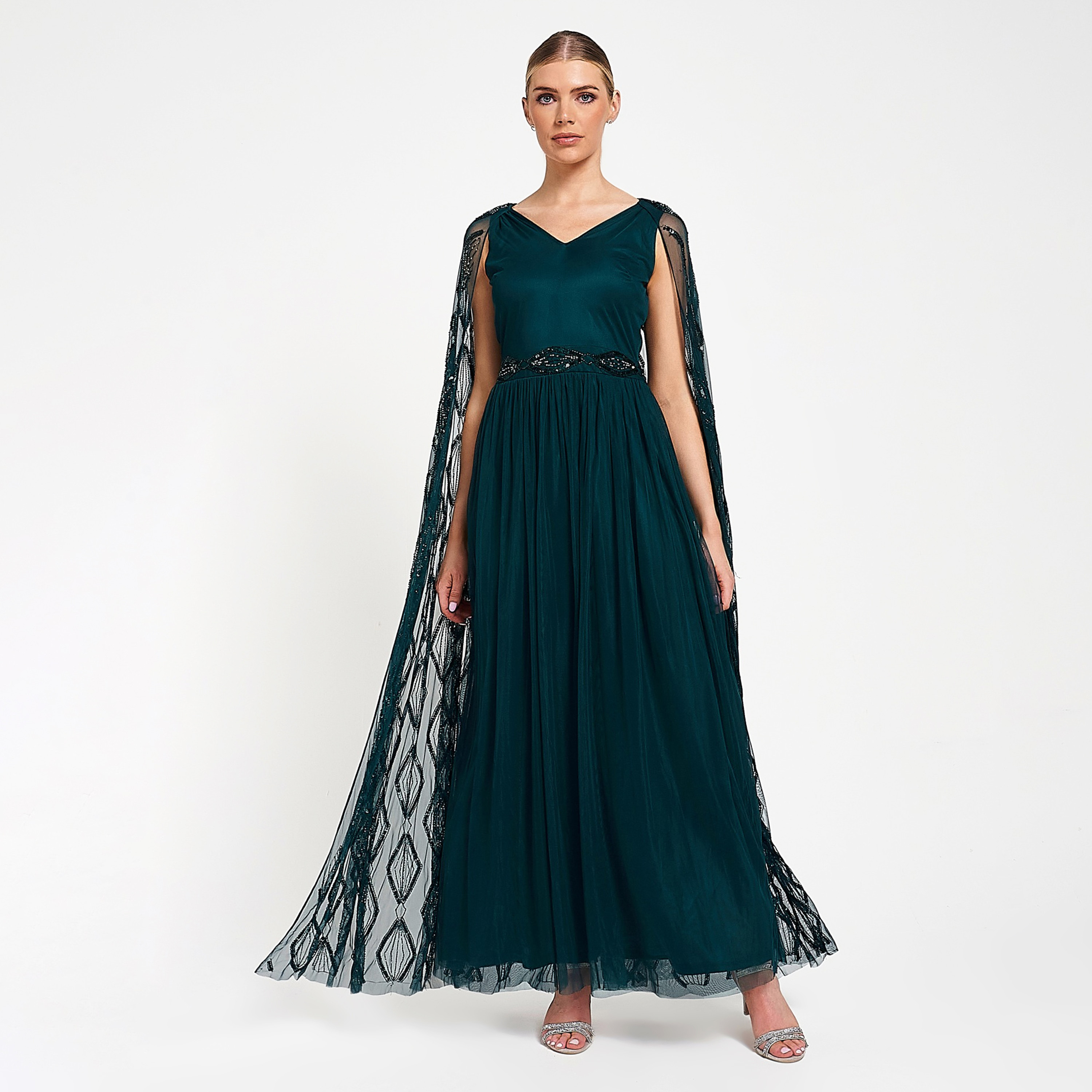 Amelia Rose Deep Teal Emblished and Sequin with Beaded Waist Cape Sleeves Women's Gown-women-clothing-dresses-image-1