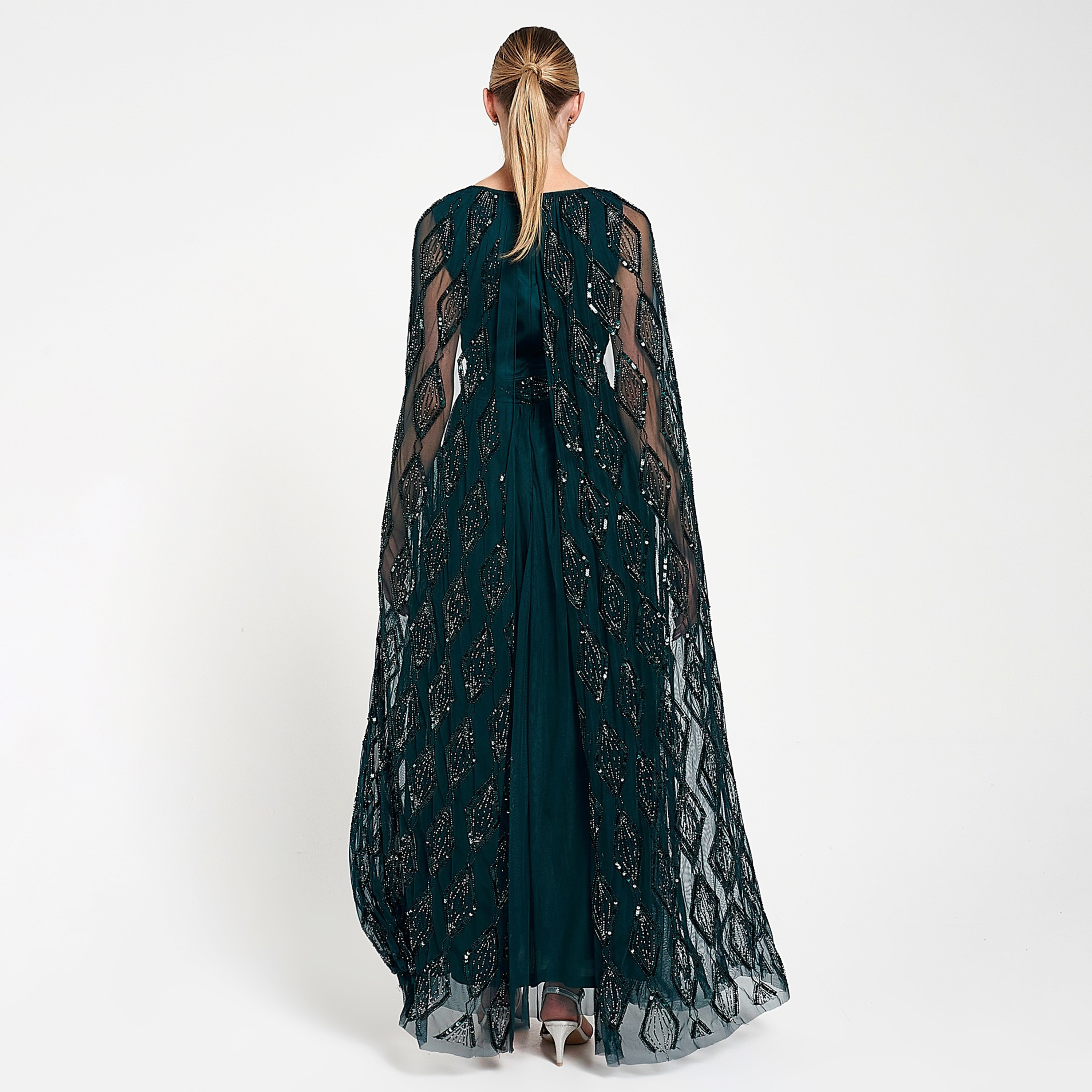 Amelia Rose Deep Teal Emblished and Sequin with Beaded Waist Cape Sleeves Women's Gown-women-clothing-dresses-image-2