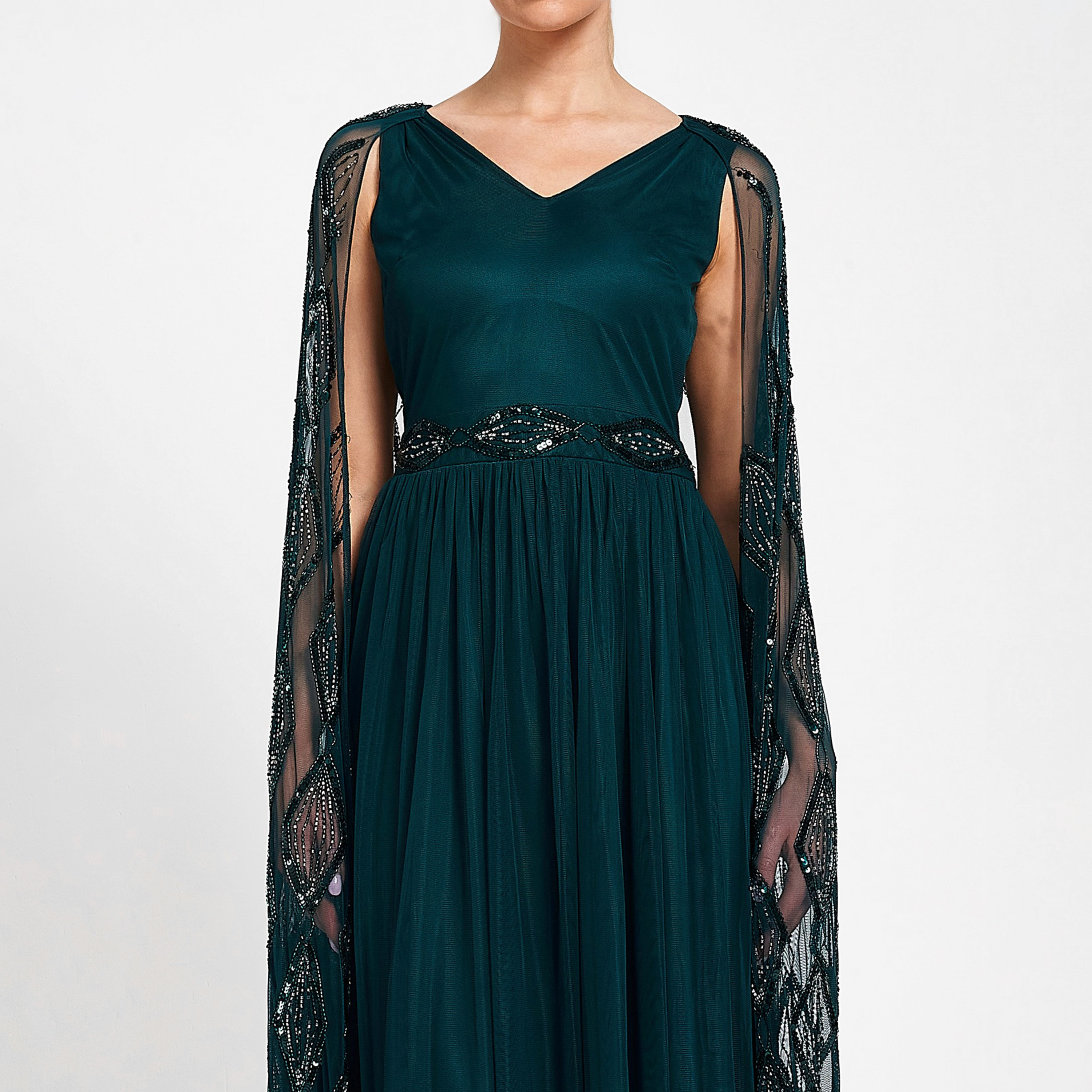 Amelia Rose Deep Teal Emblished and Sequin with Beaded Waist Cape Sleeves Women's Gown-women-clothing-dresses-image-3