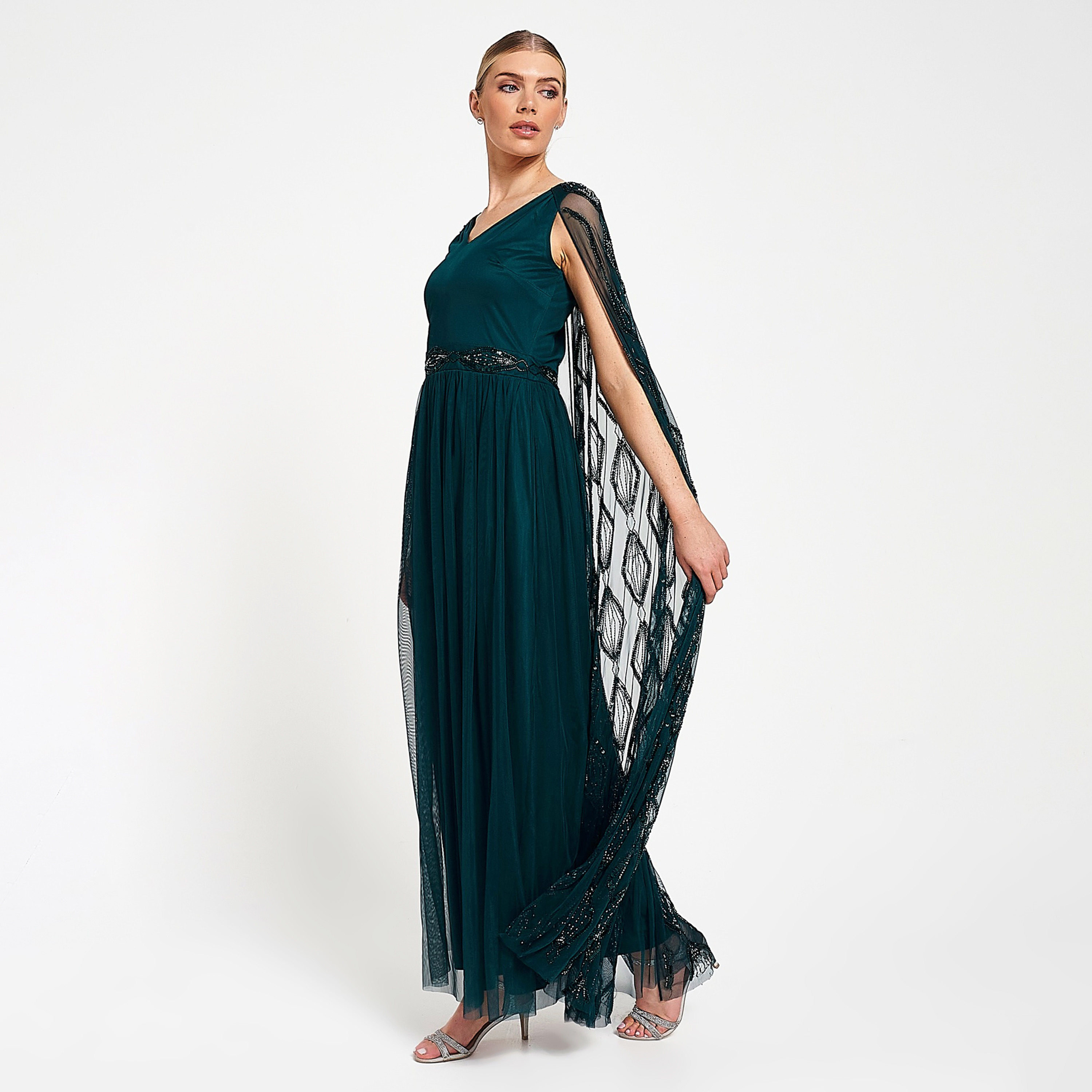 Amelia Rose Deep Teal Emblished and Sequin with Beaded Waist Cape Sleeves Women's Gown-women-clothing-dresses-image-4