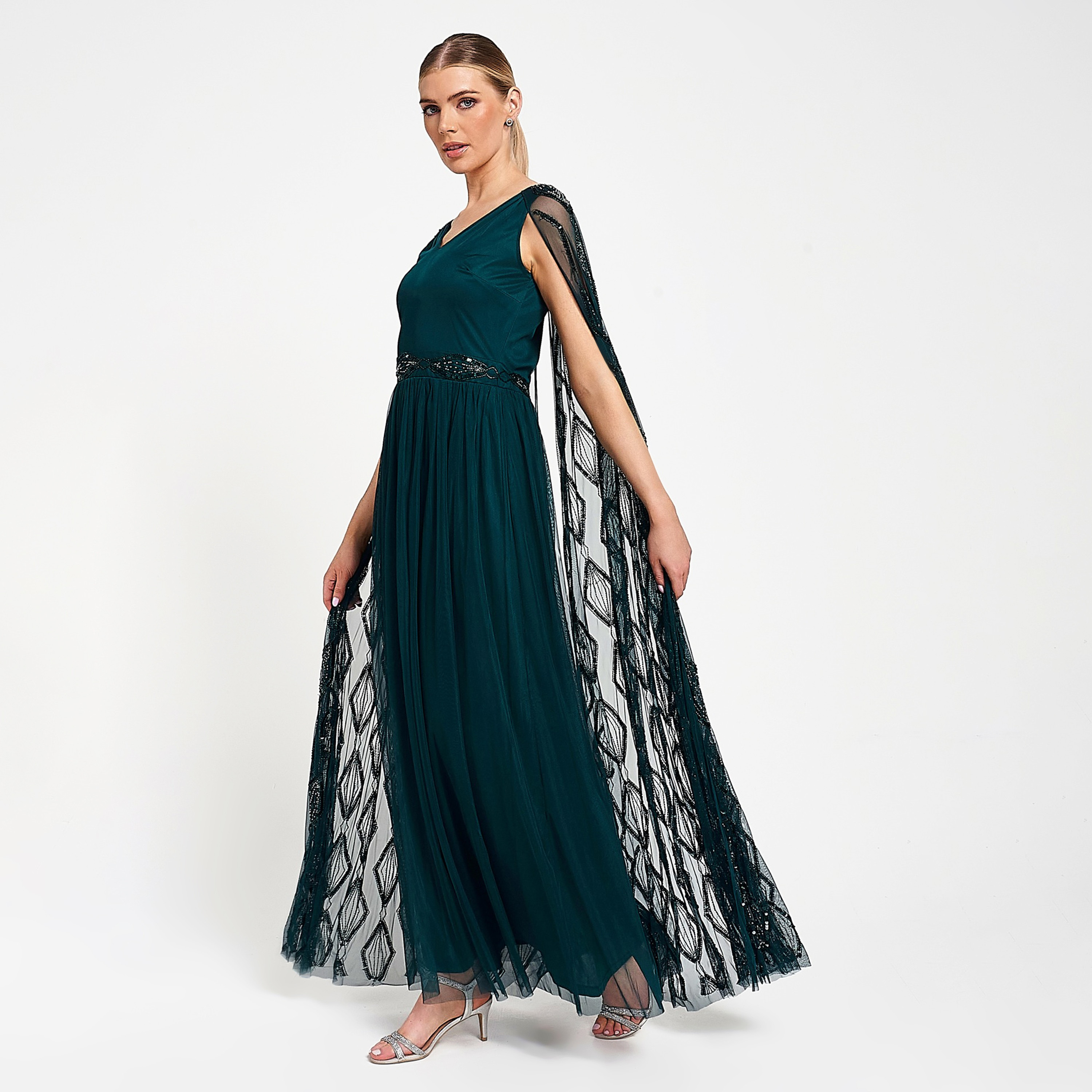 Amelia Rose Deep Teal Emblished and Sequin with Beaded Waist Cape Sleeves Women's Gown-women-clothing-dresses-image-5