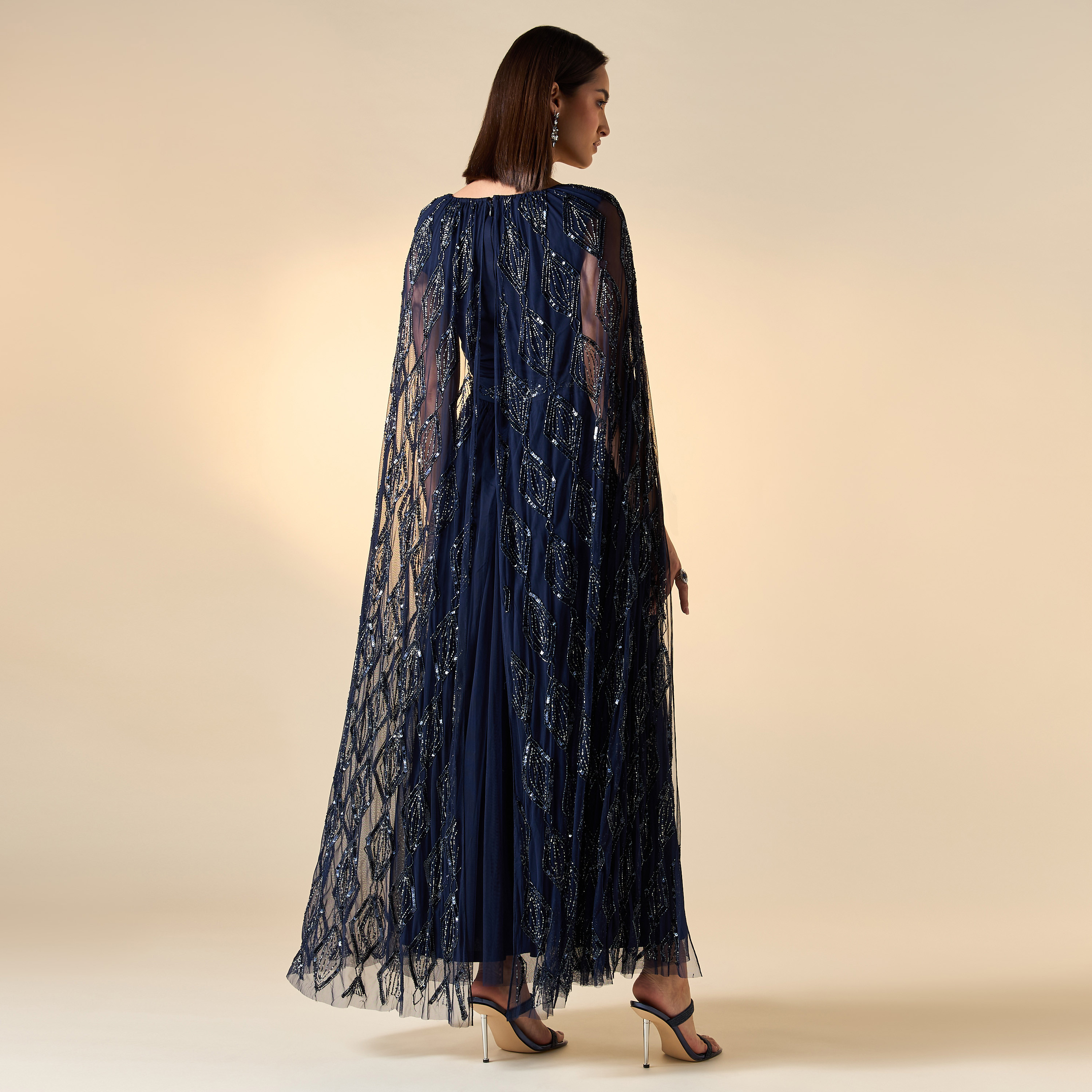 Amelia Rose Embellished V-neck Dress with Cape Sleeves-women-clothing-dresses-image-2