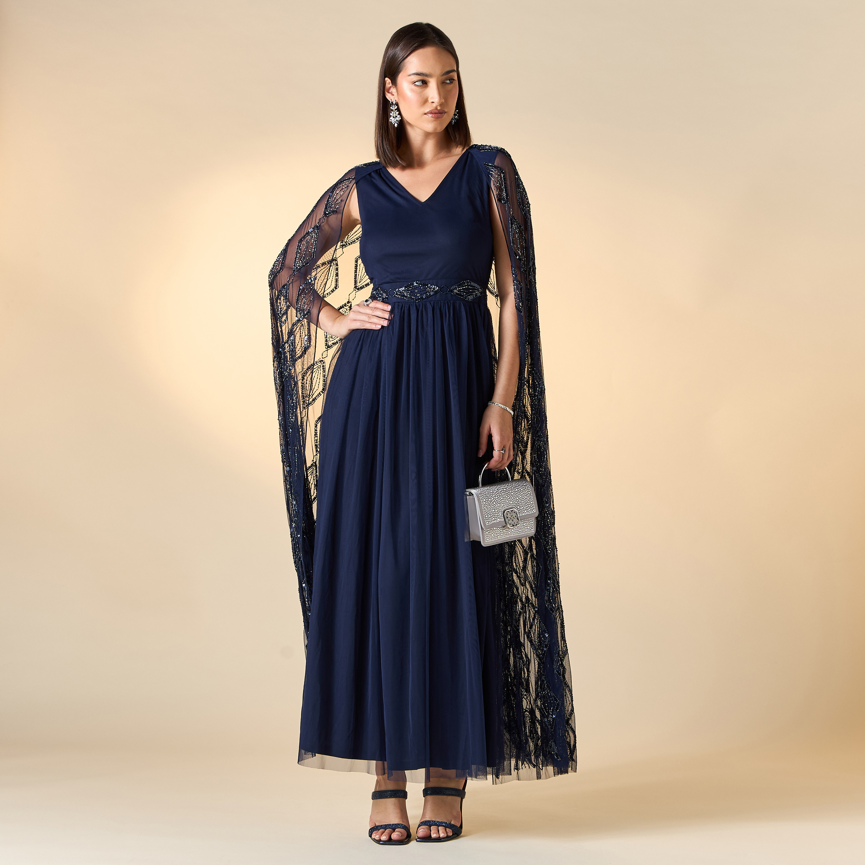 Amelia Rose Embellished V-neck Dress with Cape Sleeves-women-clothing-dresses-image-3
