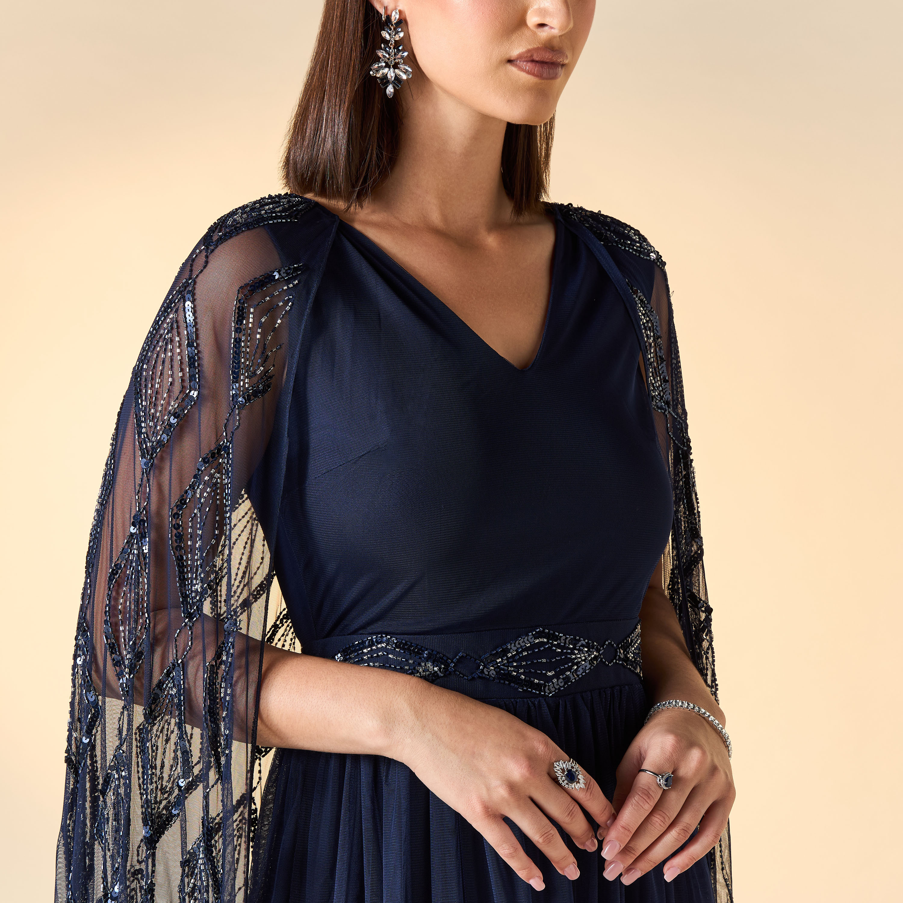 Amelia Rose Embellished V-neck Dress with Cape Sleeves-women-clothing-dresses-image-4