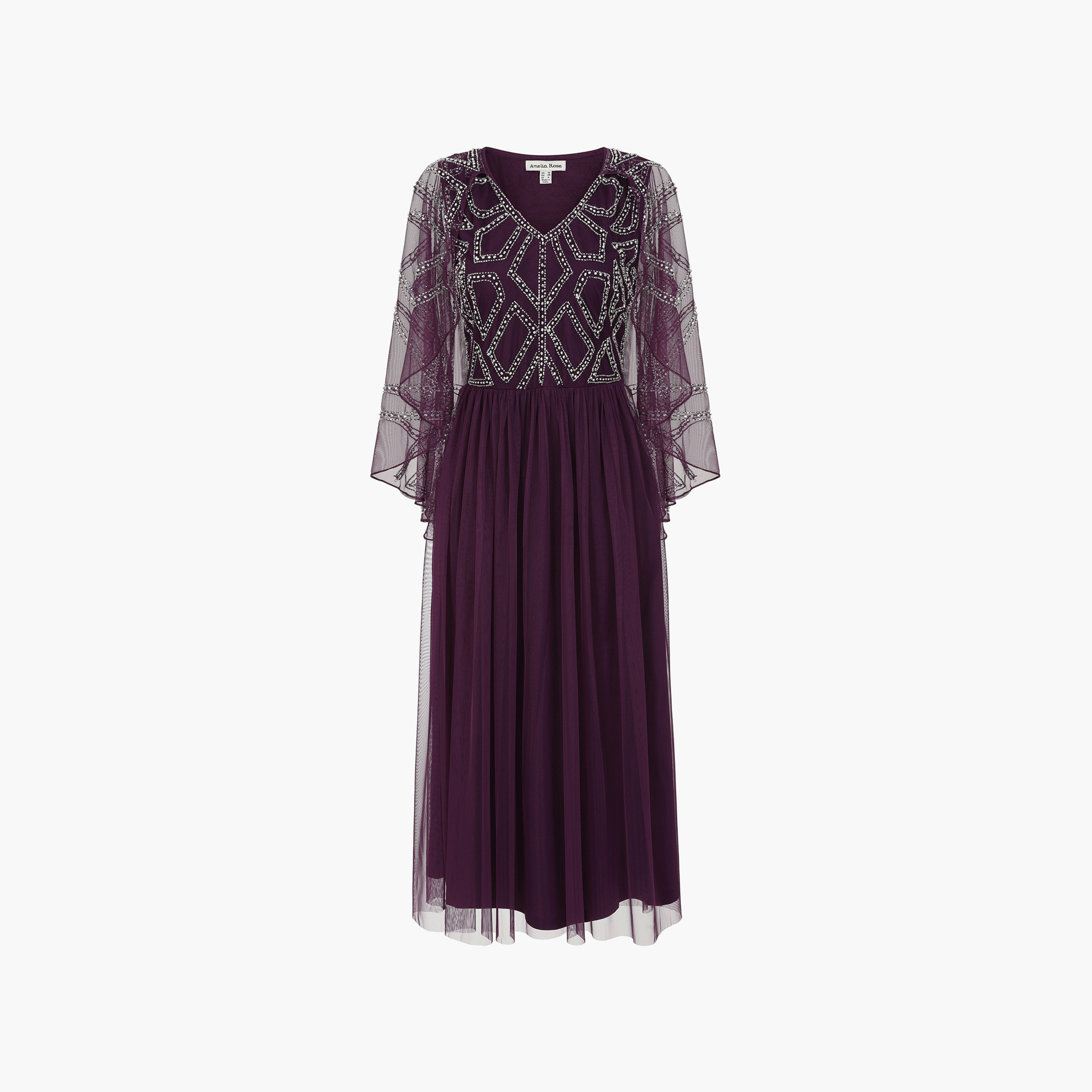 Amelia Rose Purple Beaded & Crystal Cape Sleeves Fit & Flare Party Midi Women's Dress-women-clothing-dresses-image-1