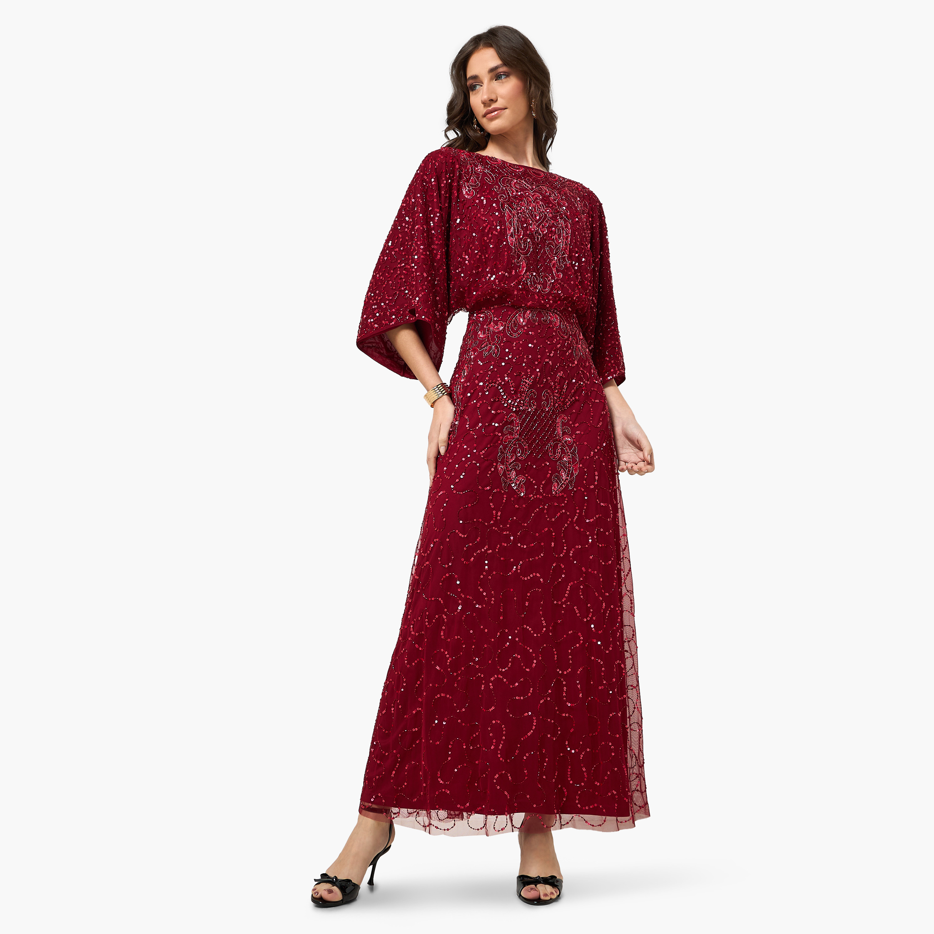 Amelia Rose Maroon Sequined Flared Sleeves Blouson Women's Evening Maxi Dress-women-clothing-dresses-image-1