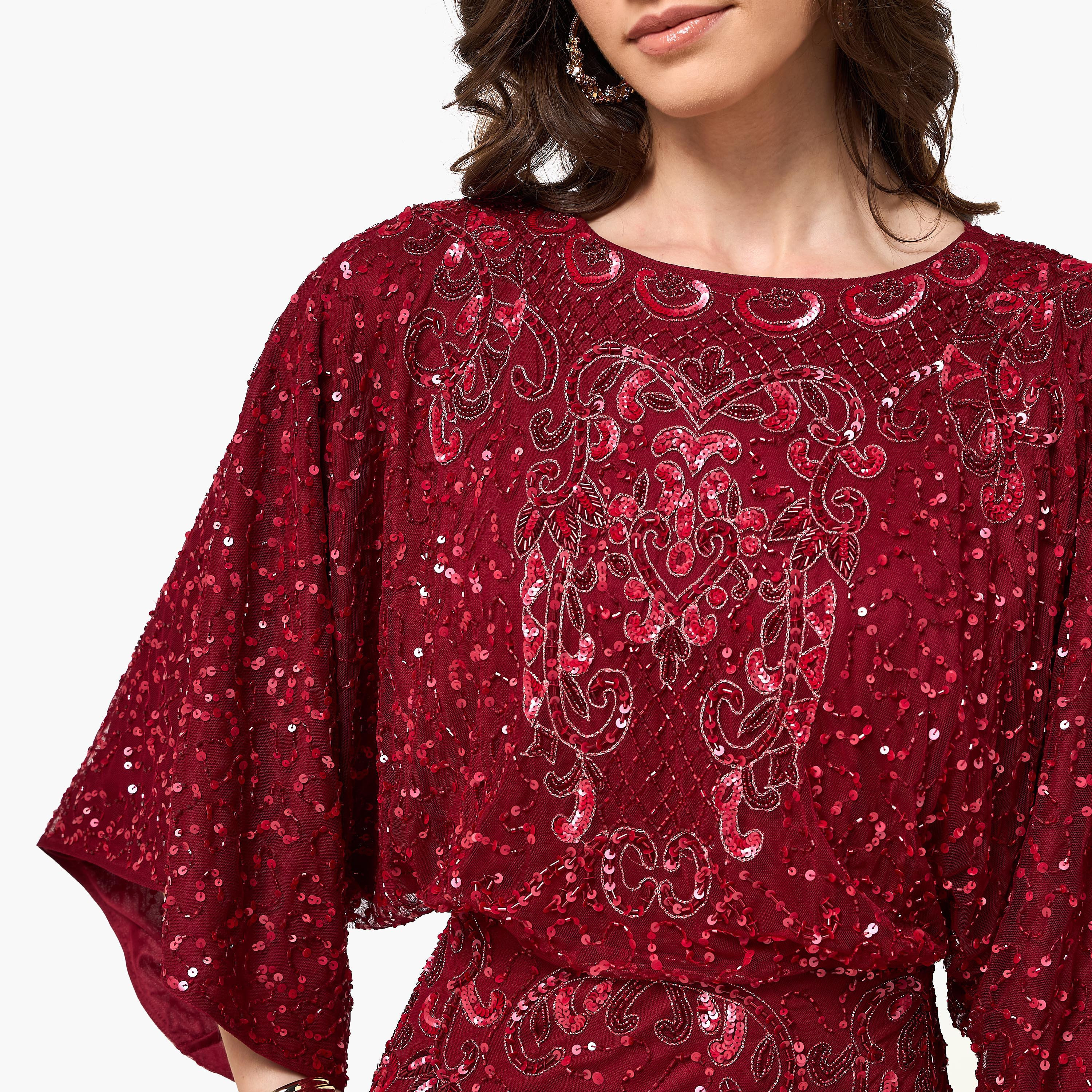 Amelia Rose Maroon Sequined Flared Sleeves Blouson Women's Evening Maxi Dress-women-clothing-dresses-image-2