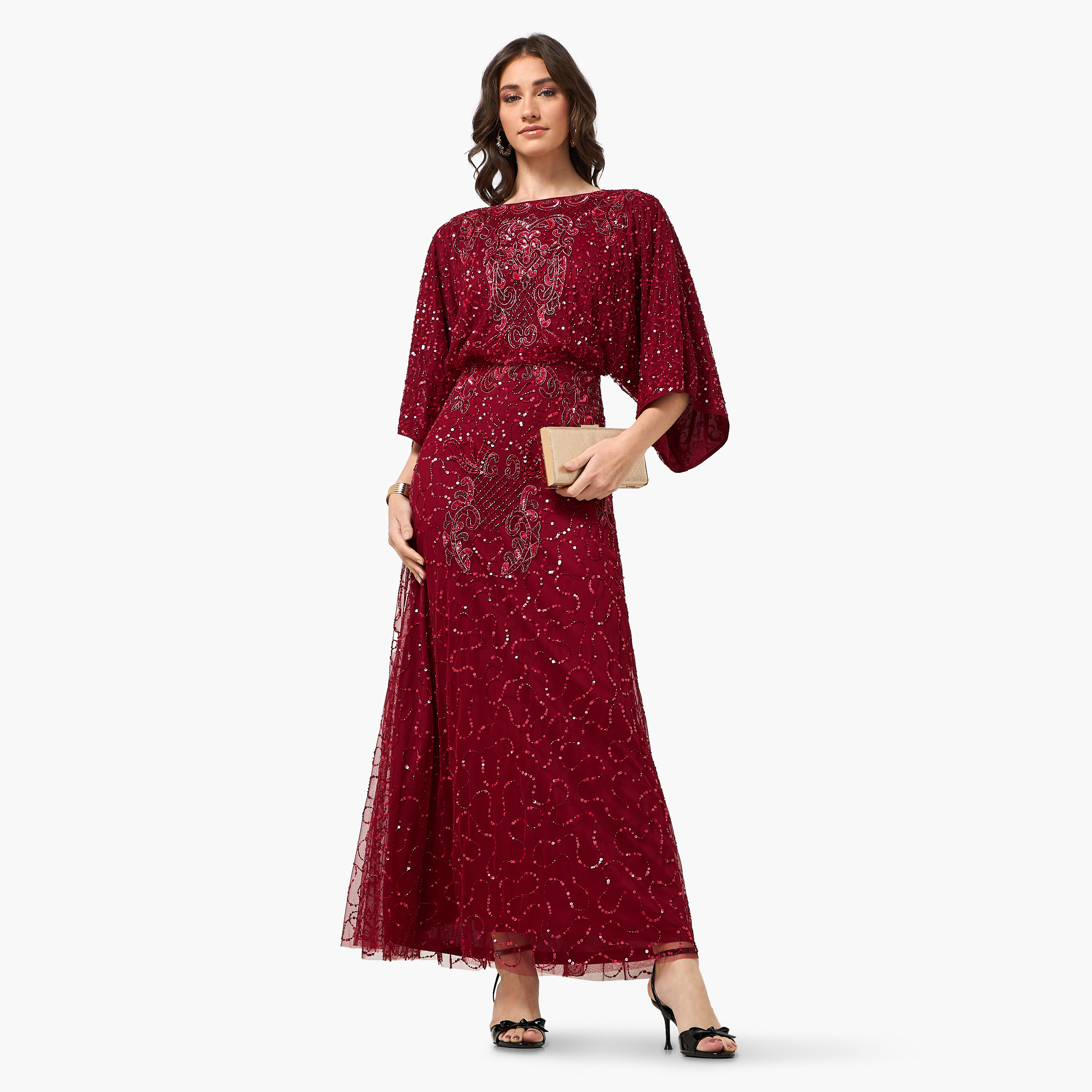 Amelia Rose Maroon Sequined Flared Sleeves Blouson Women's Evening Maxi Dress-women-clothing-dresses-image-3