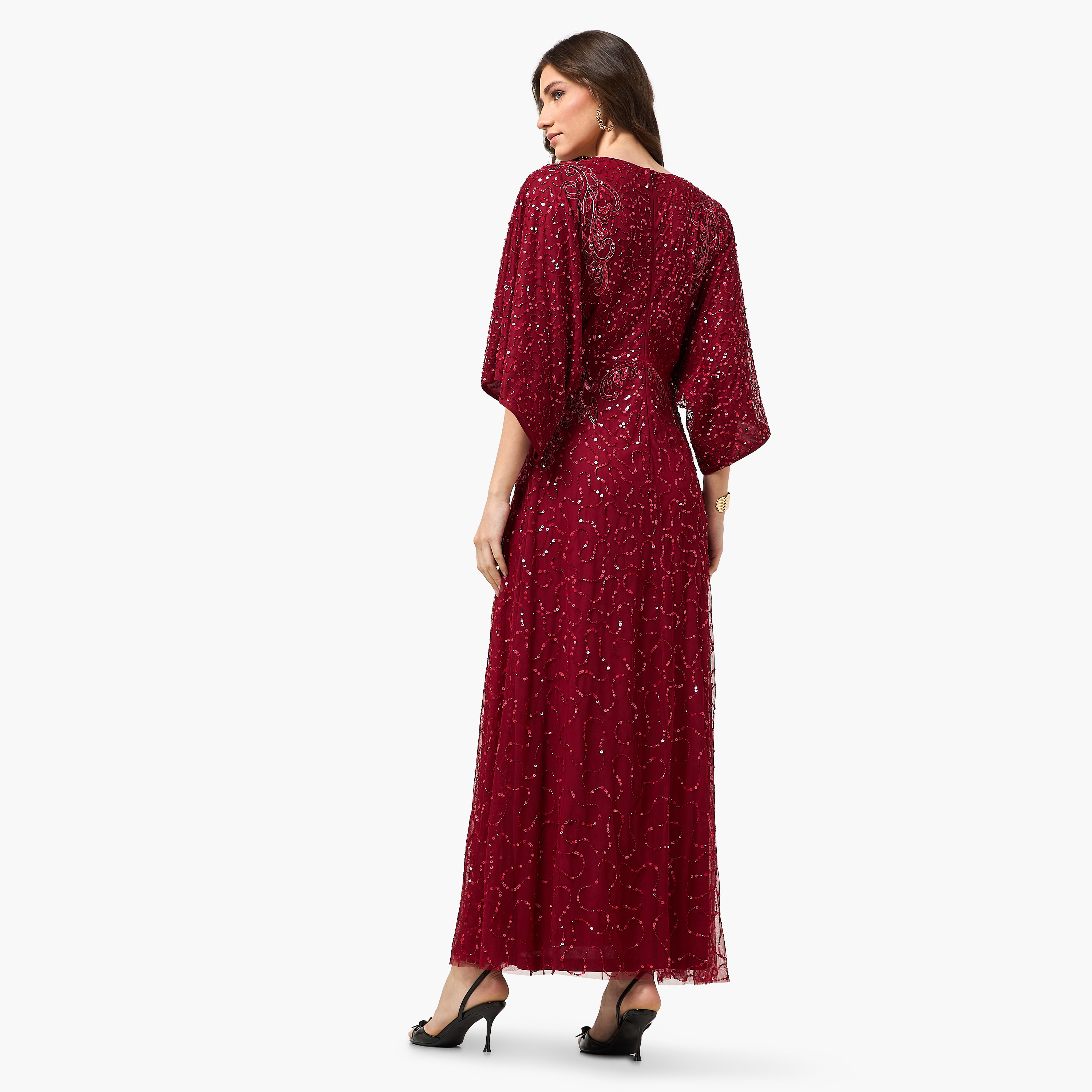 Amelia Rose Maroon Sequined Flared Sleeves Blouson Women's Evening Maxi Dress-women-clothing-dresses-image-4