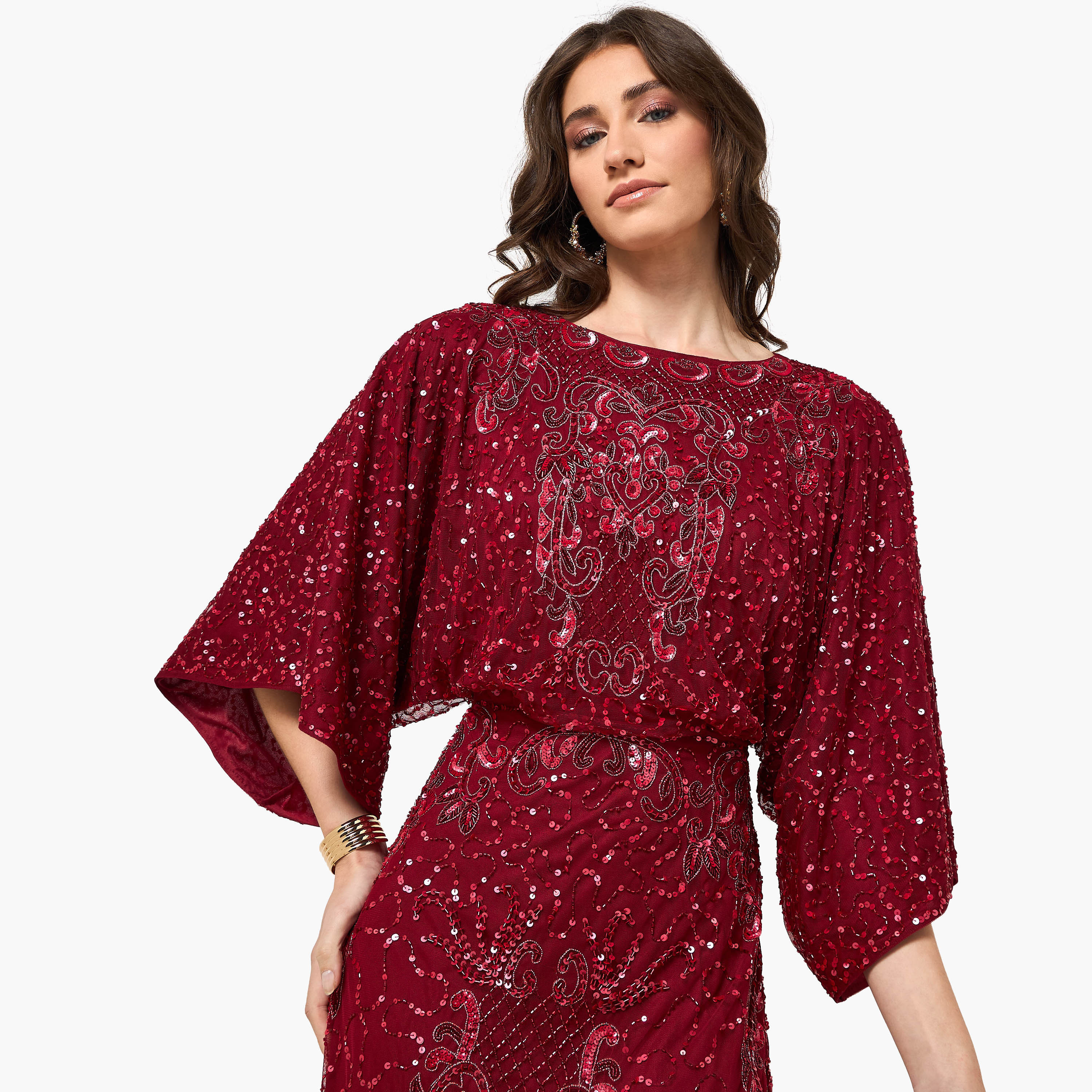 Amelia Rose Maroon Sequined Flared Sleeves Blouson Women's Evening Maxi Dress-women-clothing-dresses-image-5