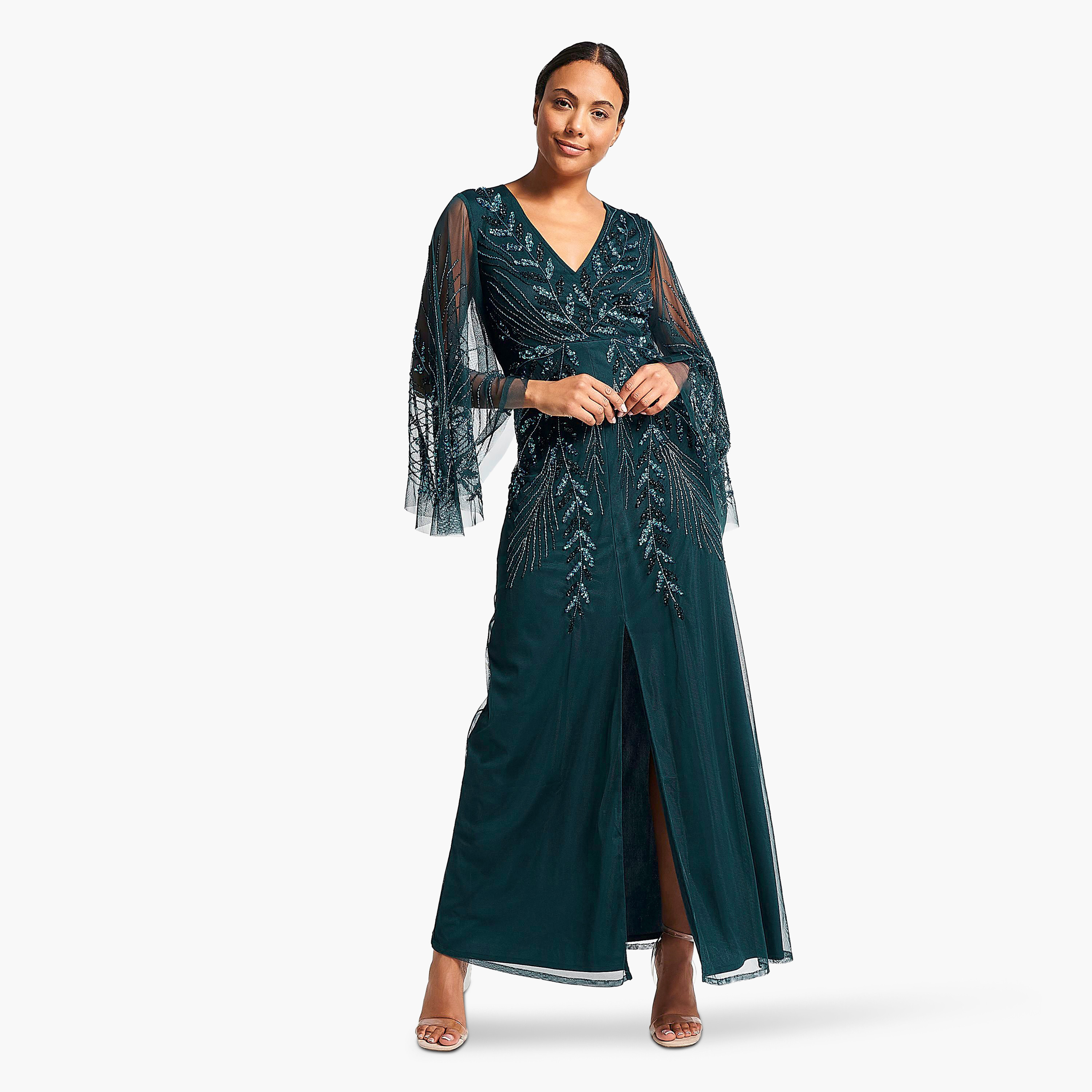 فستان سهرة نسائي بأكمام كاب ومزين بالخرز والترتر باللون الأخضر ستورم من أميليا روز-women-clothing-dresses-image-1