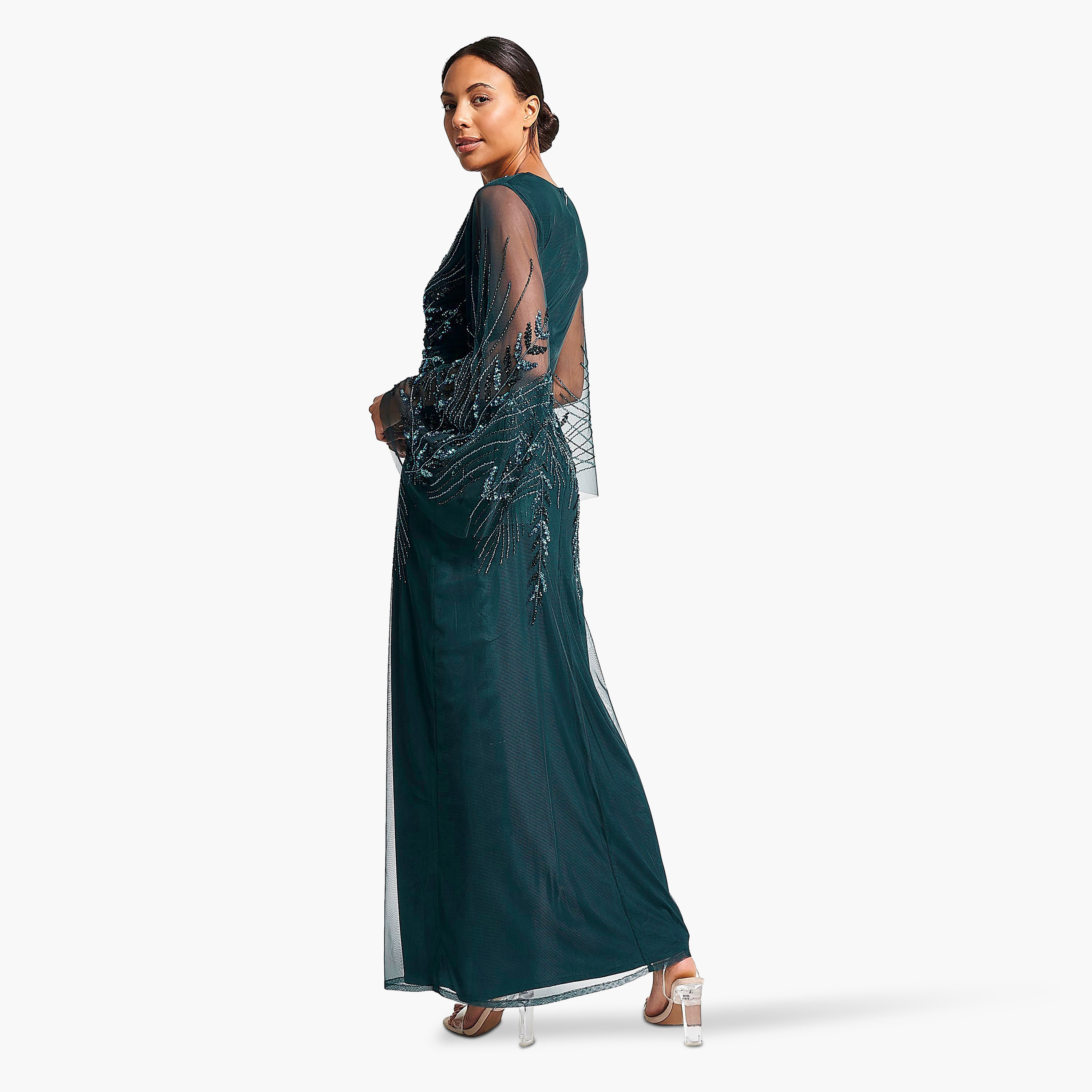 فستان سهرة نسائي بأكمام كاب ومزين بالخرز والترتر باللون الأخضر ستورم من أميليا روز-women-clothing-dresses-image-2