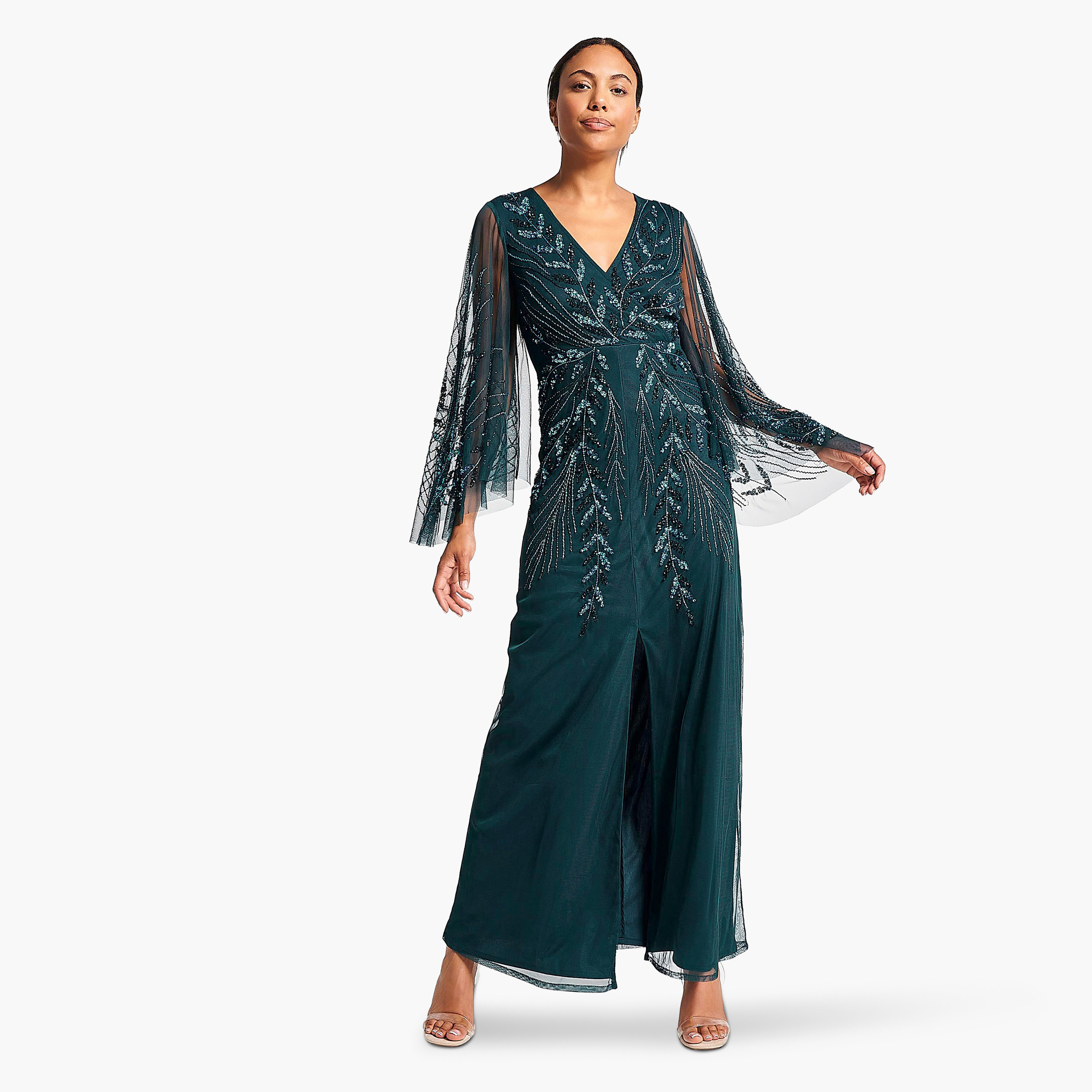 Amelia Rose Storm Green Beaded & Sequins Cape Sleeves Evening Slit Women's Dress-women-clothing-dresses-image-3