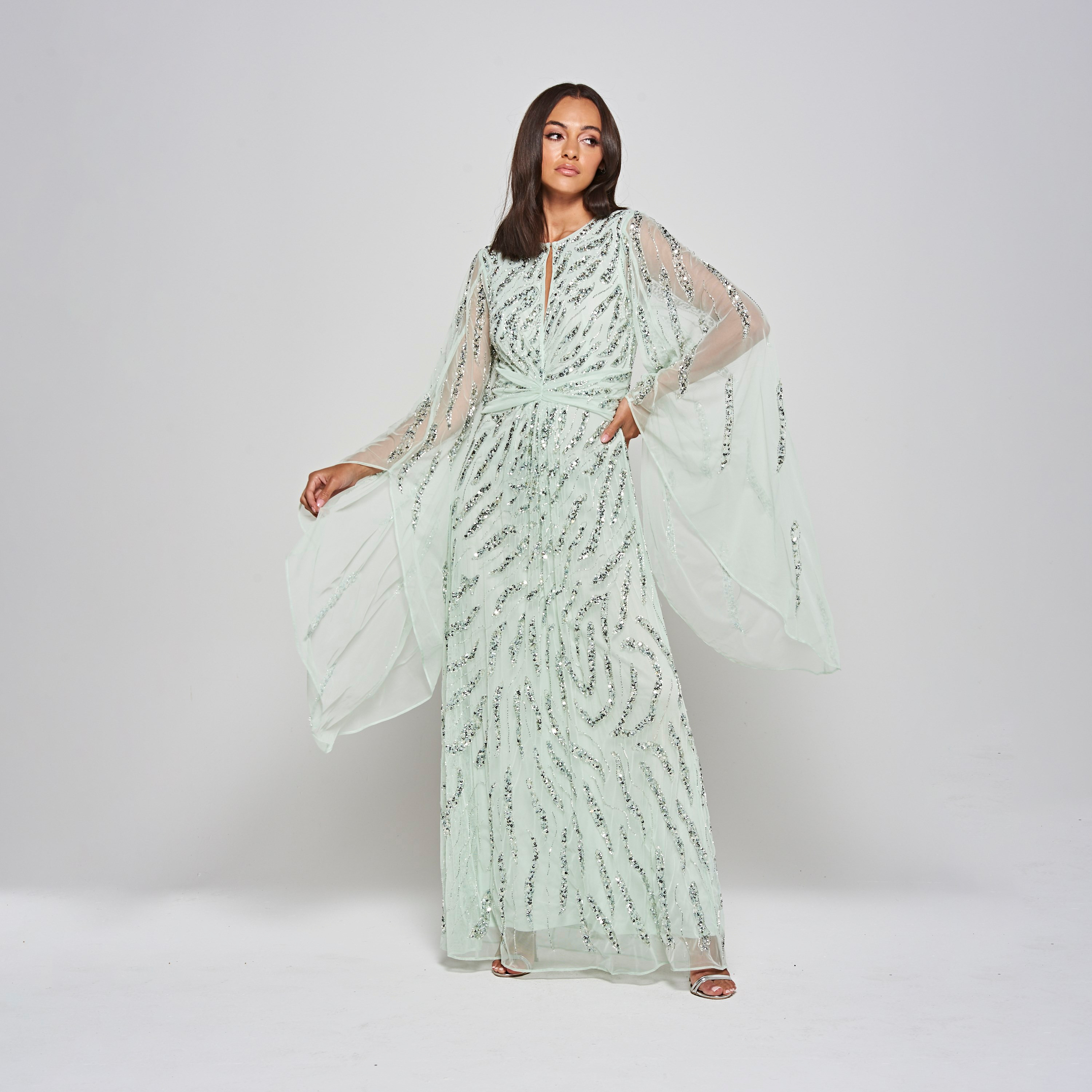 Amelia Rose Mint Sequin Embellished Cape Sleeves Women's Evening Maxi Dress-women-clothing-dresses-image-1
