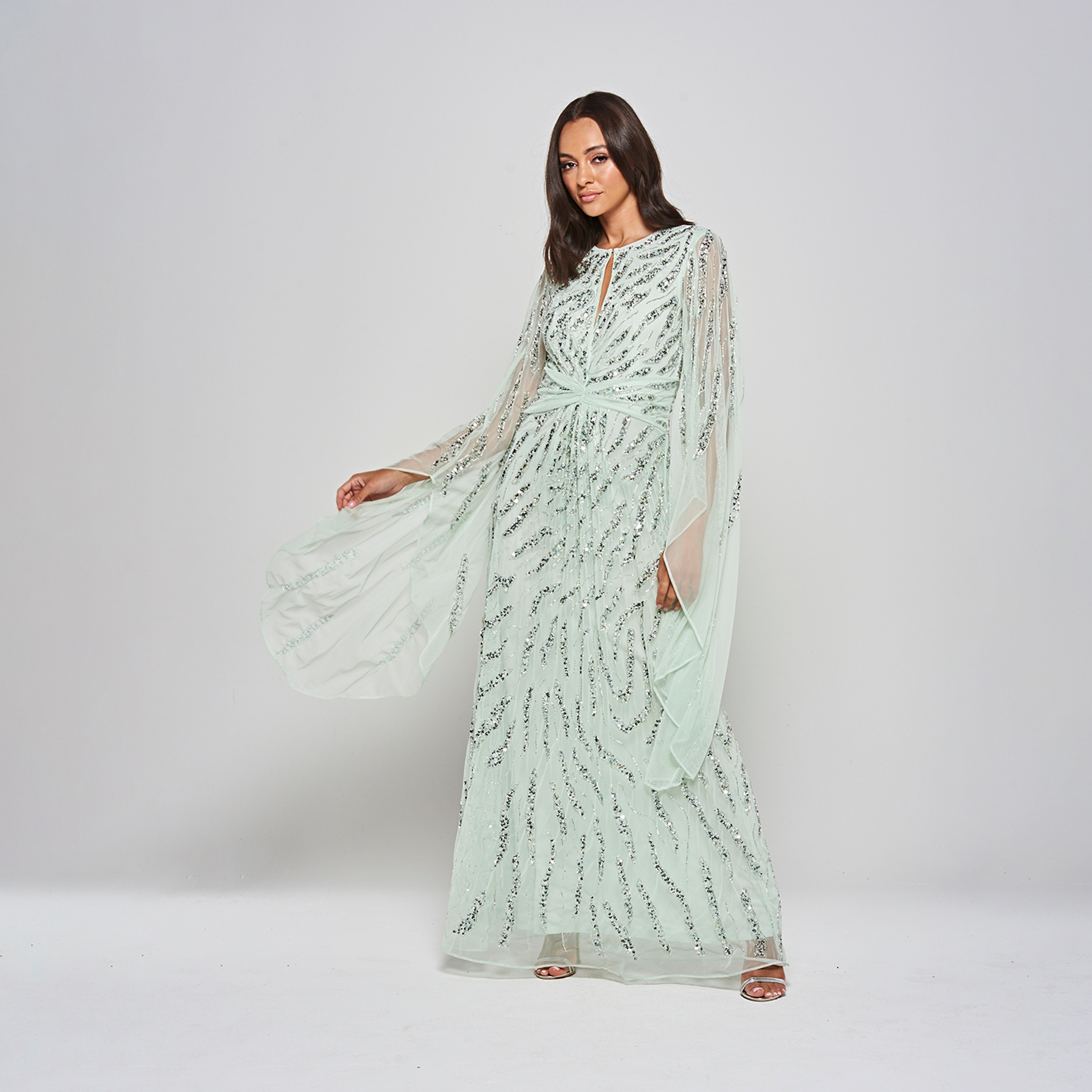 Amelia Rose Mint Sequin Embellished Cape Sleeves Women's Evening Maxi Dress-women-clothing-dresses-image-2
