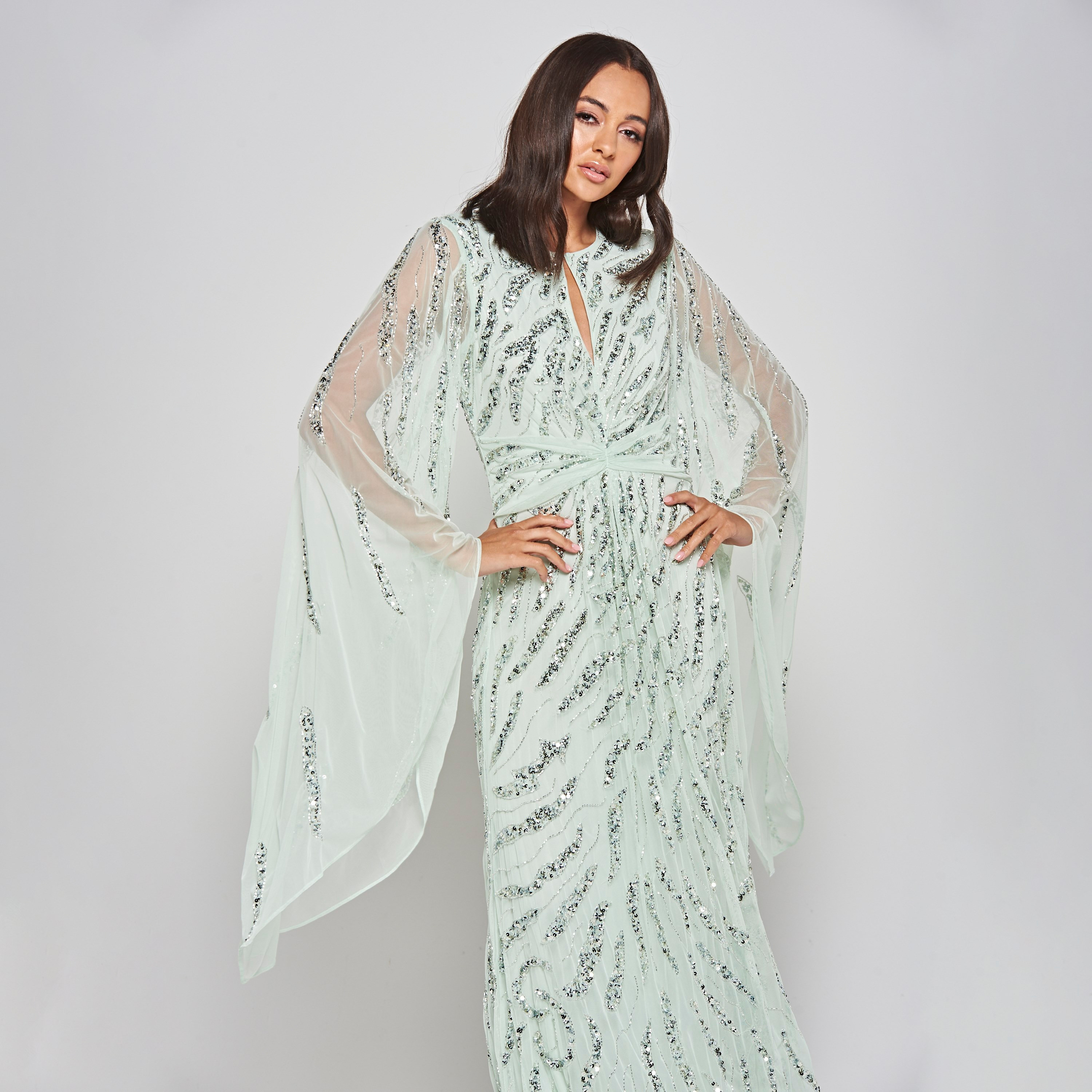 Amelia Rose Mint Sequin Embellished Cape Sleeves Women's Evening Maxi Dress-women-clothing-dresses-image-4