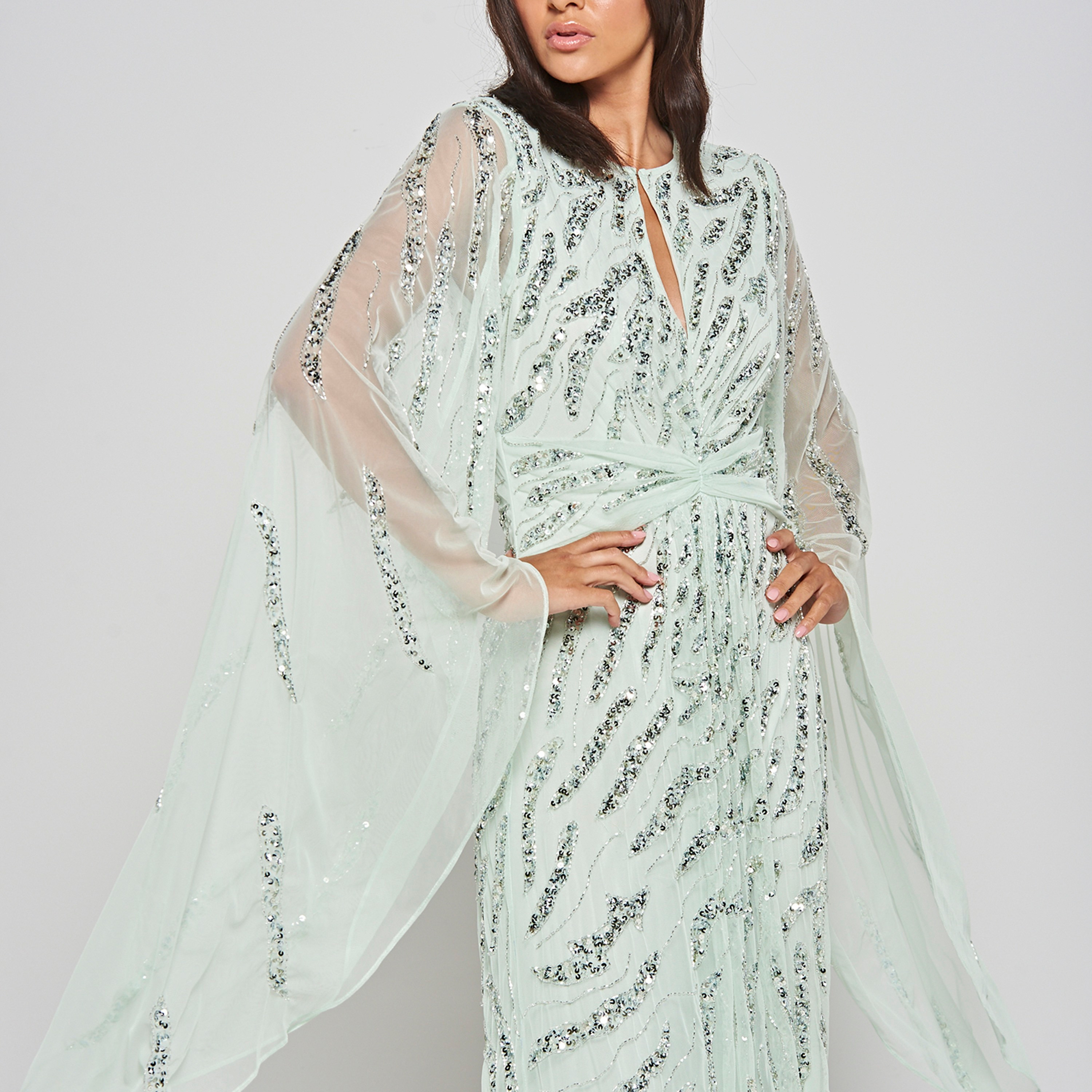 Amelia Rose Mint Sequin Embellished Cape Sleeves Women's Evening Maxi Dress-women-clothing-dresses-image-5