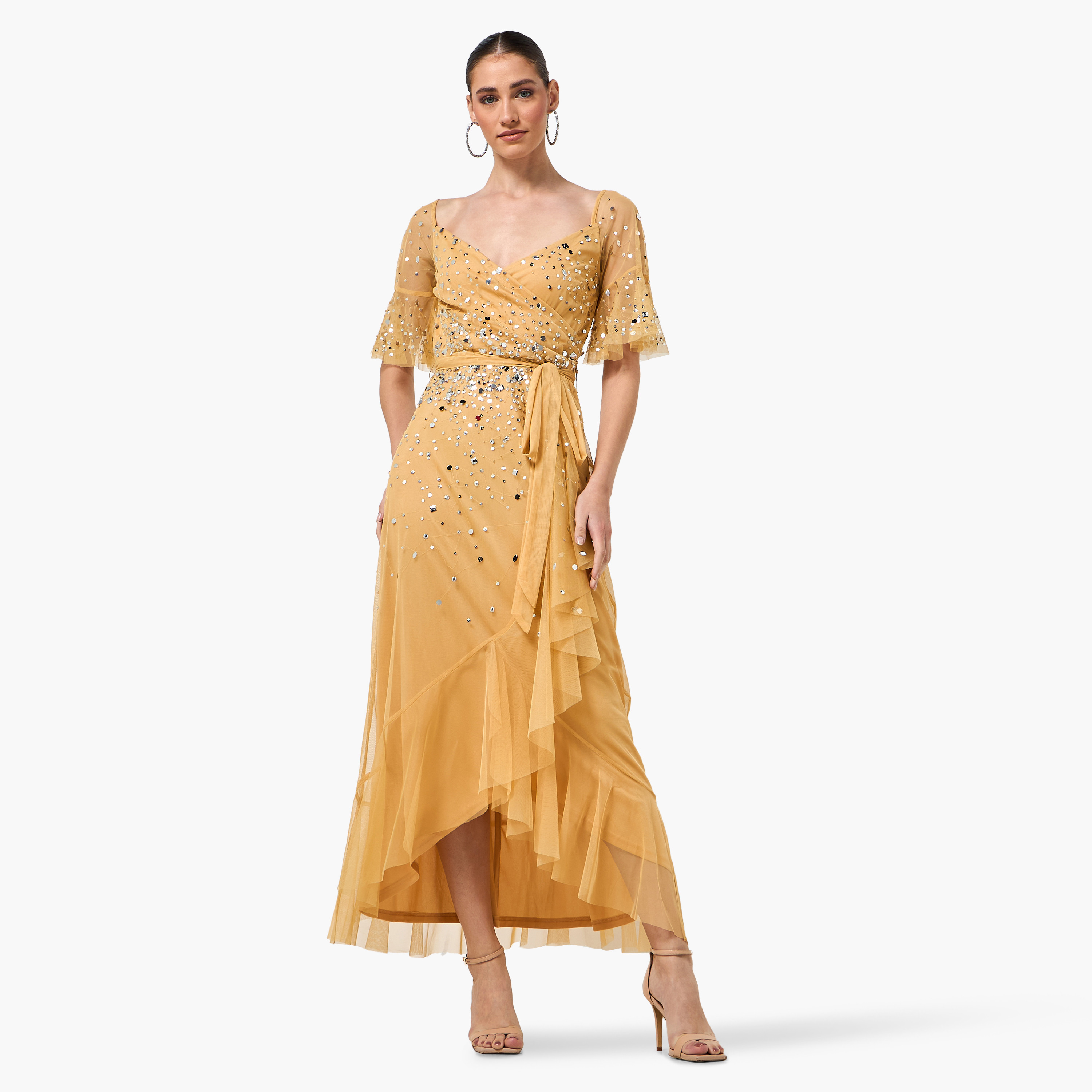Amelia Rose Sequined Sweetheart Neck Flutter Sleeves Wrap Ruffle Women's Evening Maxi Dress-women-clothing-dresses-image-1