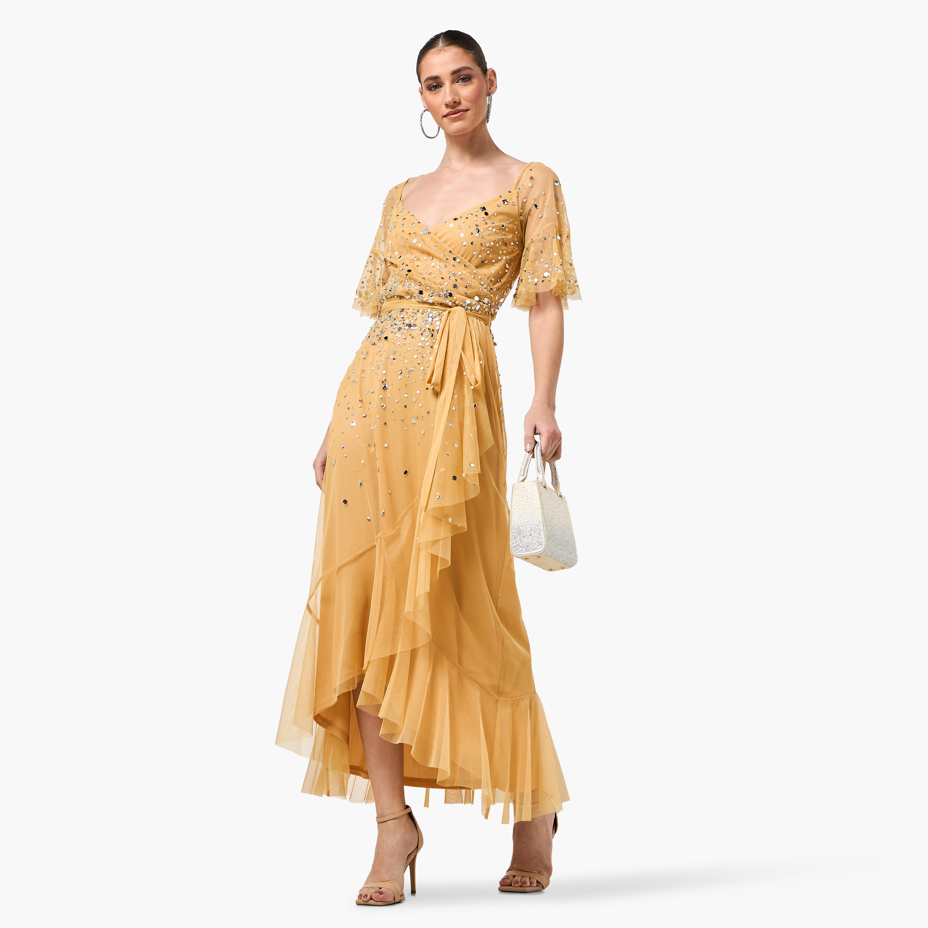 Amelia Rose Sequined Sweetheart Neck Flutter Sleeves Wrap Ruffle Women's Evening Maxi Dress-women-clothing-dresses-image-3