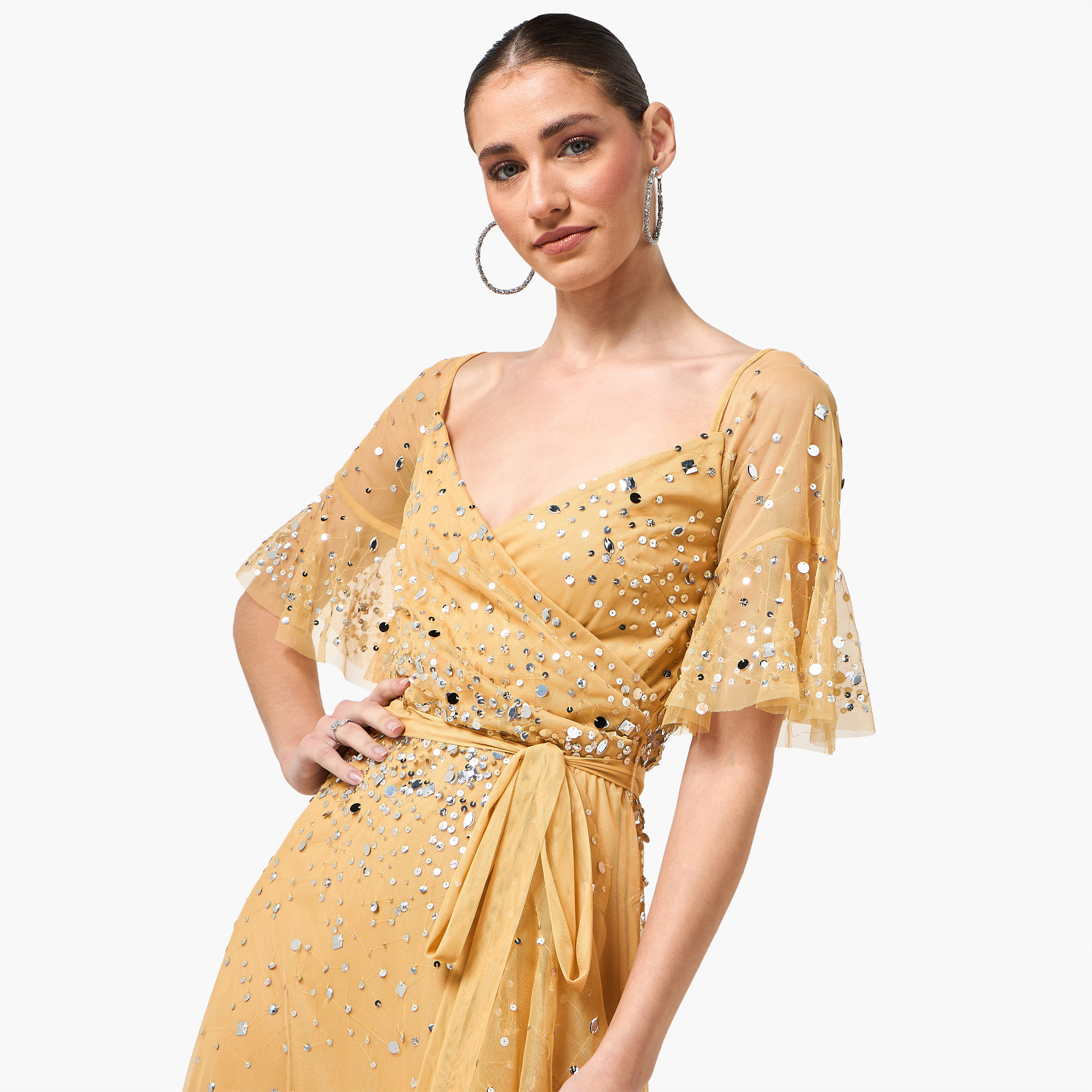 Amelia Rose Sequined Sweetheart Neck Flutter Sleeves Wrap Ruffle Women's Evening Maxi Dress-women-clothing-dresses-image-5