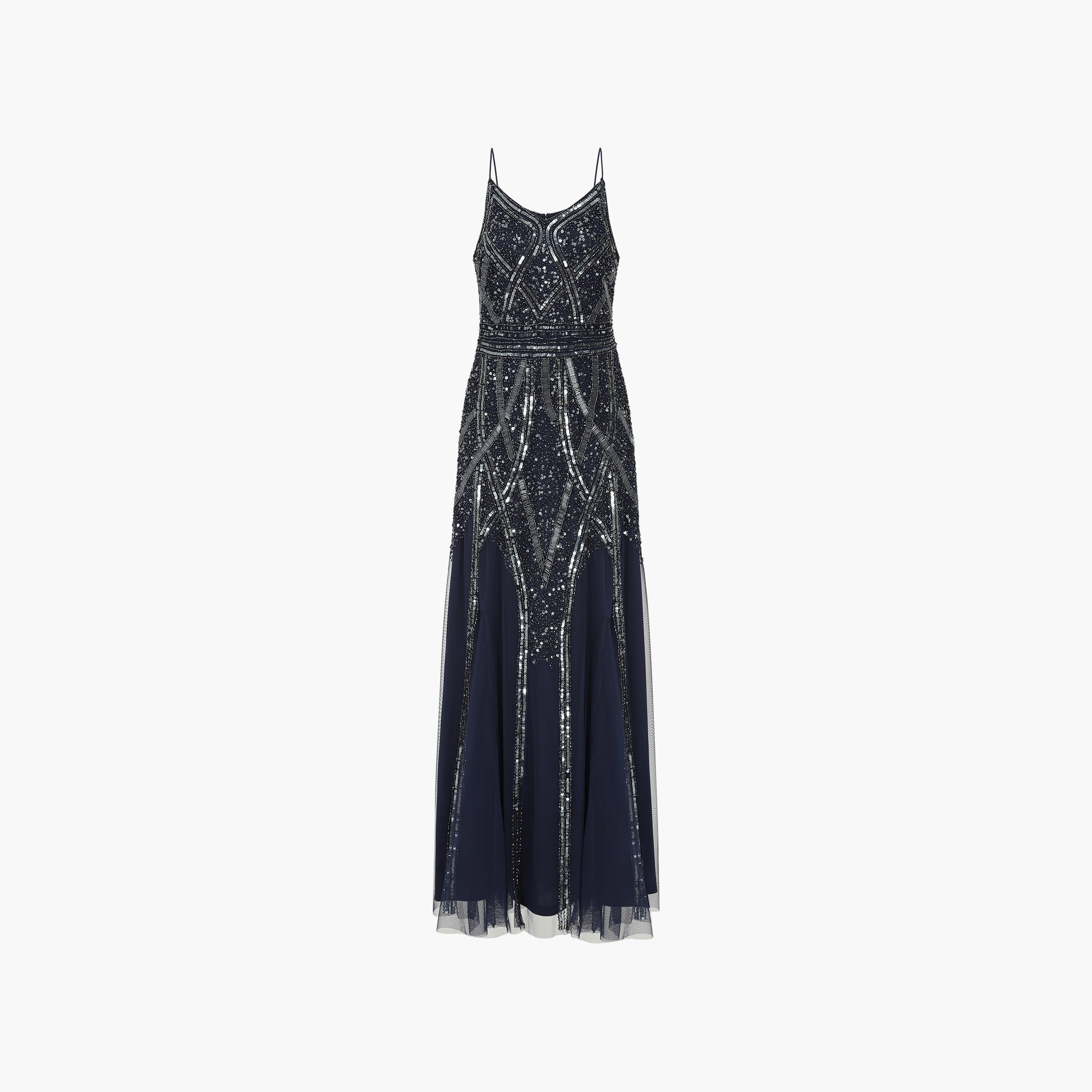 Amelia Rose Navy Blue Beaded & Sequin Shoulder Straps Fit & Flare Party Maxi Women's Dress-women-clothing-dresses-image-4