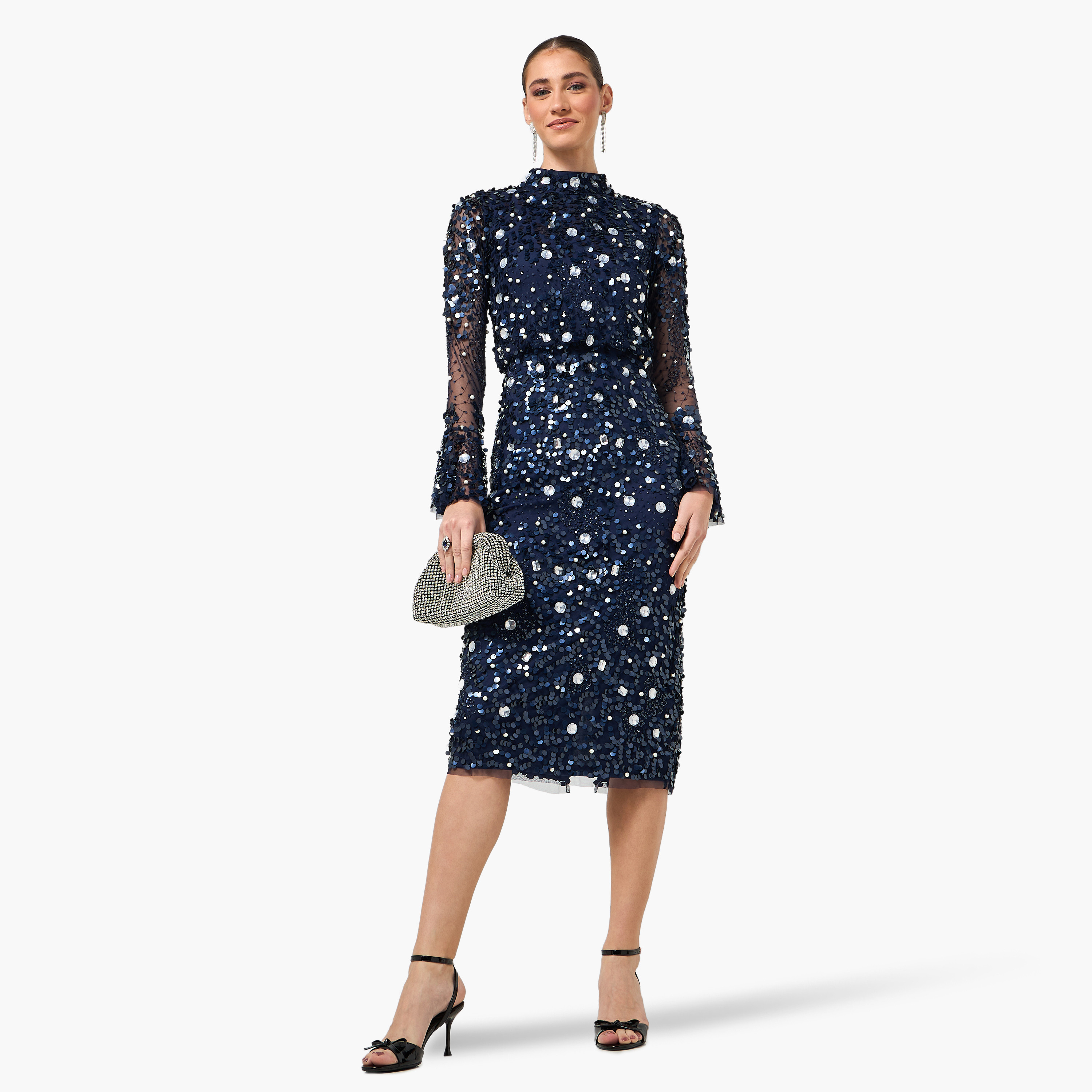 Amelia Rose Sequined High Neck Bell Sleeves Sheath Women's Evening Midi Dress-women-clothing-dresses-image-3