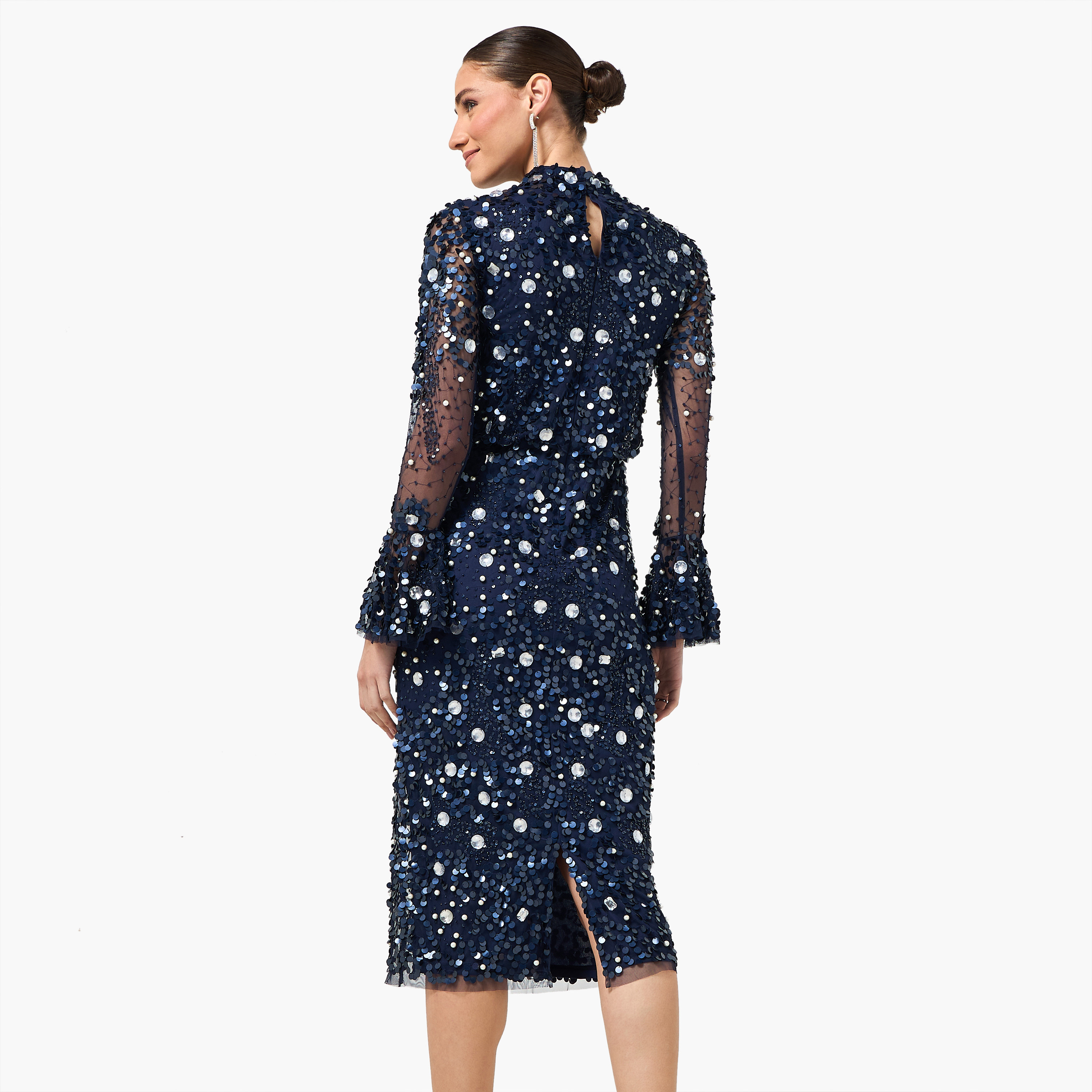 Amelia Rose Sequined High Neck Bell Sleeves Sheath Women's Evening Midi Dress-women-clothing-dresses-image-4