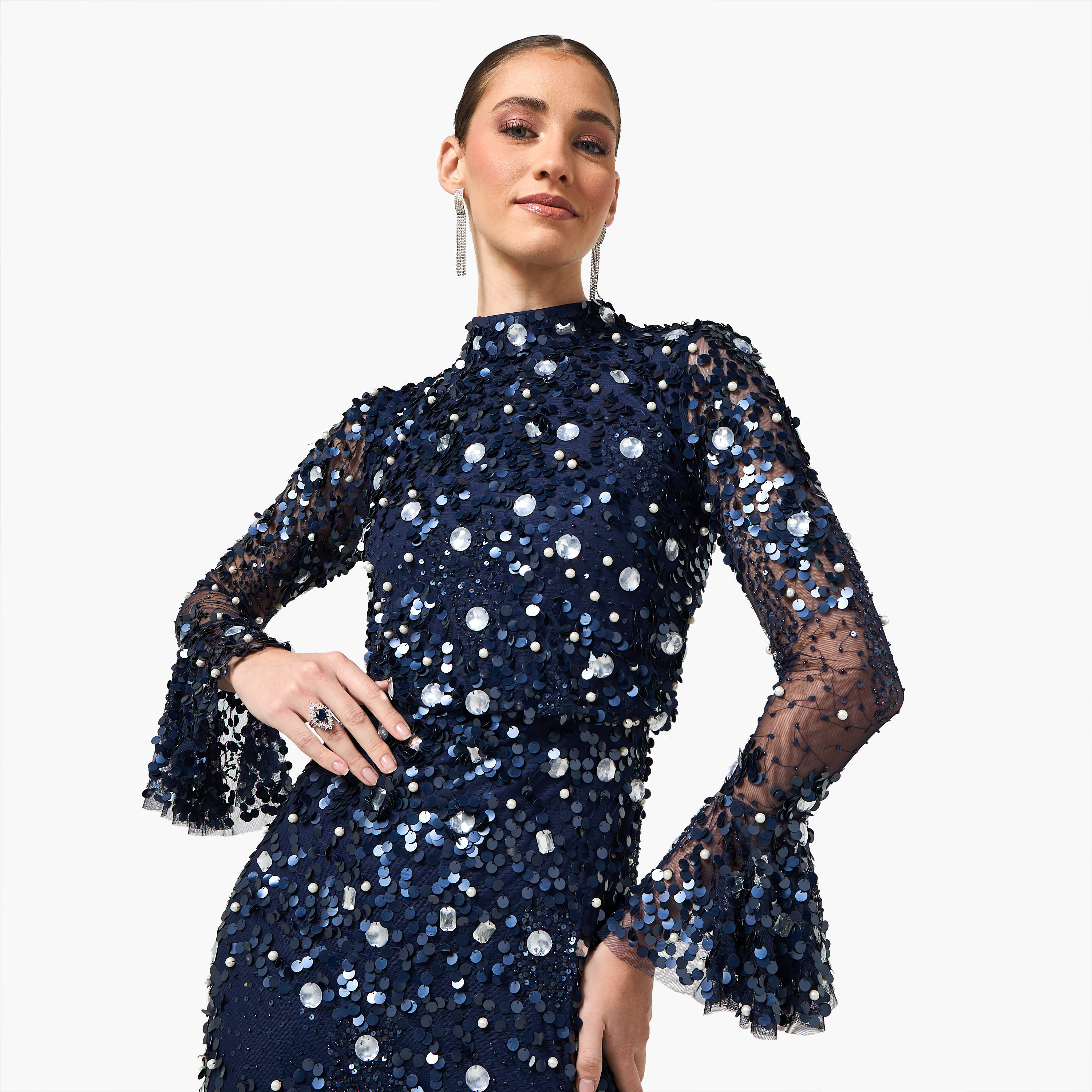 Amelia Rose Sequined High Neck Bell Sleeves Sheath Women's Evening Midi Dress-women-clothing-dresses-image-5