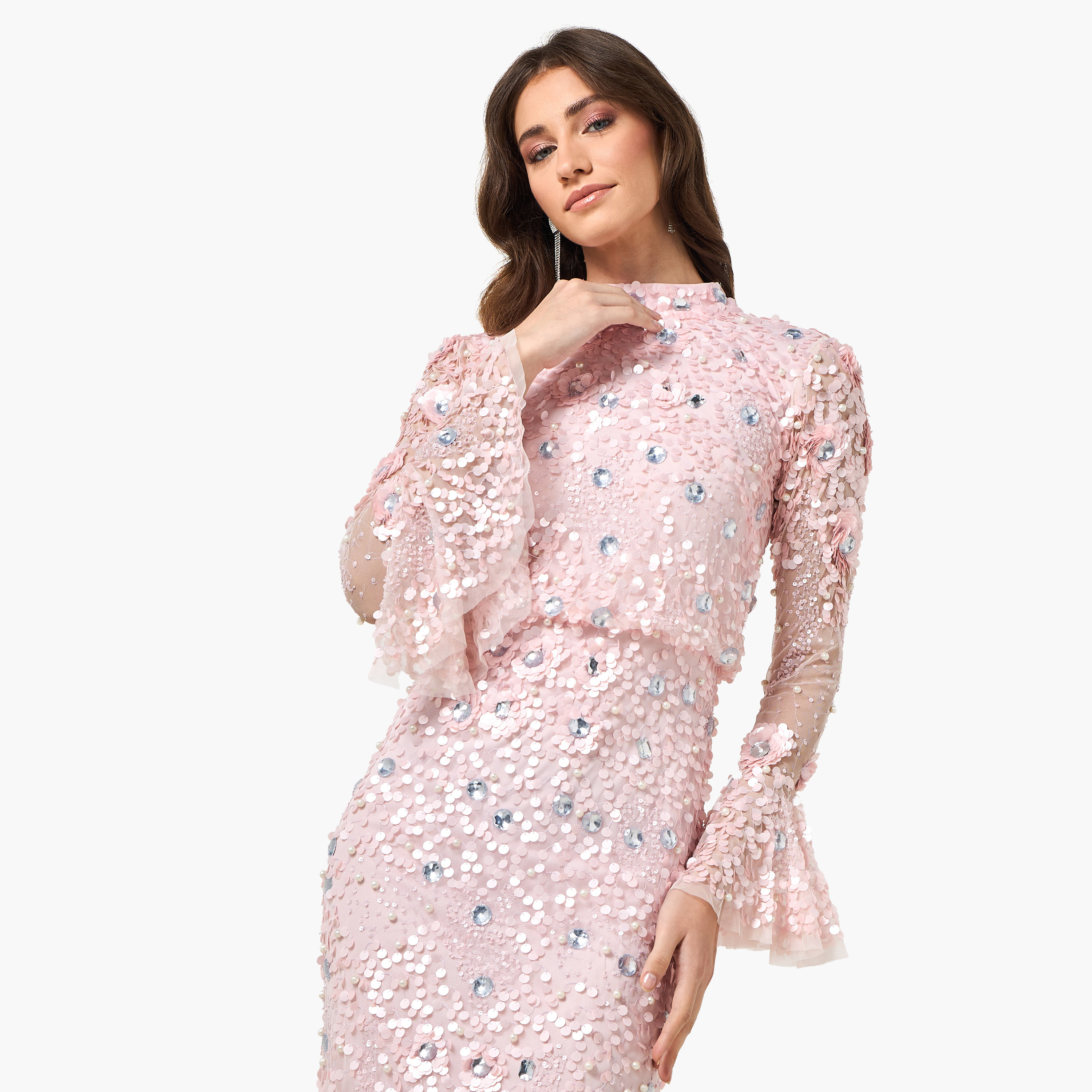 فستان سهرة ميدي قصة "شيث" بياقة عالية وأكمام "بيل" جرس ومزين بالترتر من أميليا روز-women-clothing-dresses-image-10