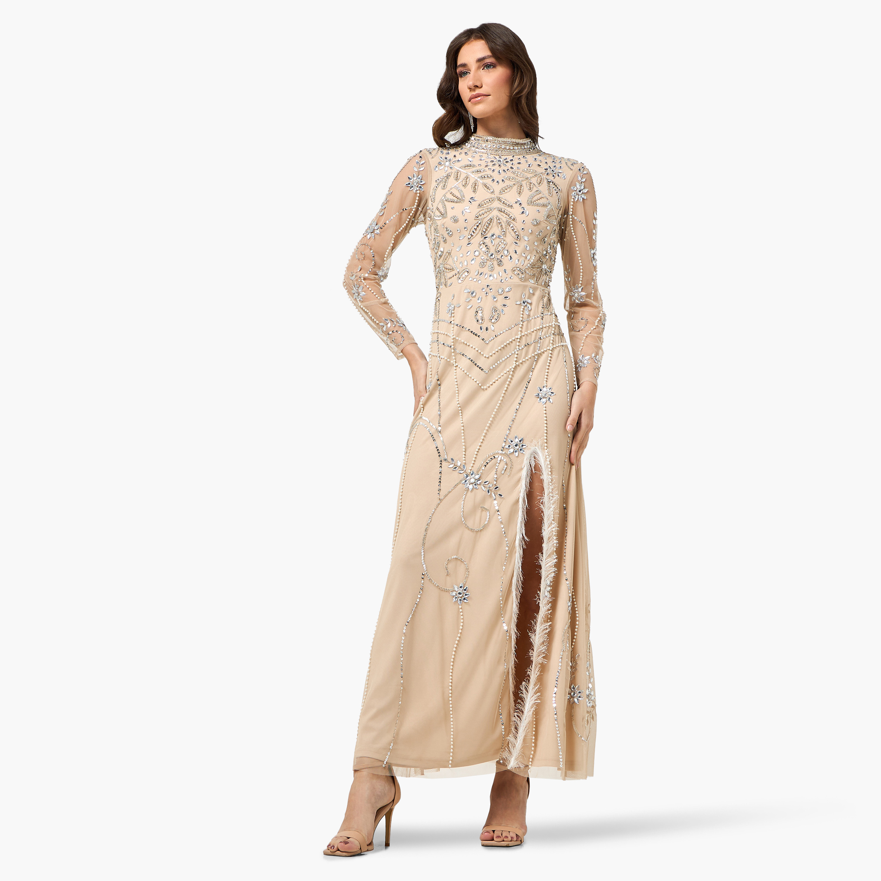 فستان سهرة ماكسي بفتحة جانبية وياقة "موك نيك" ومزين بالخرز لون بيج من أميليا روز-women-clothing-dresses-image-1