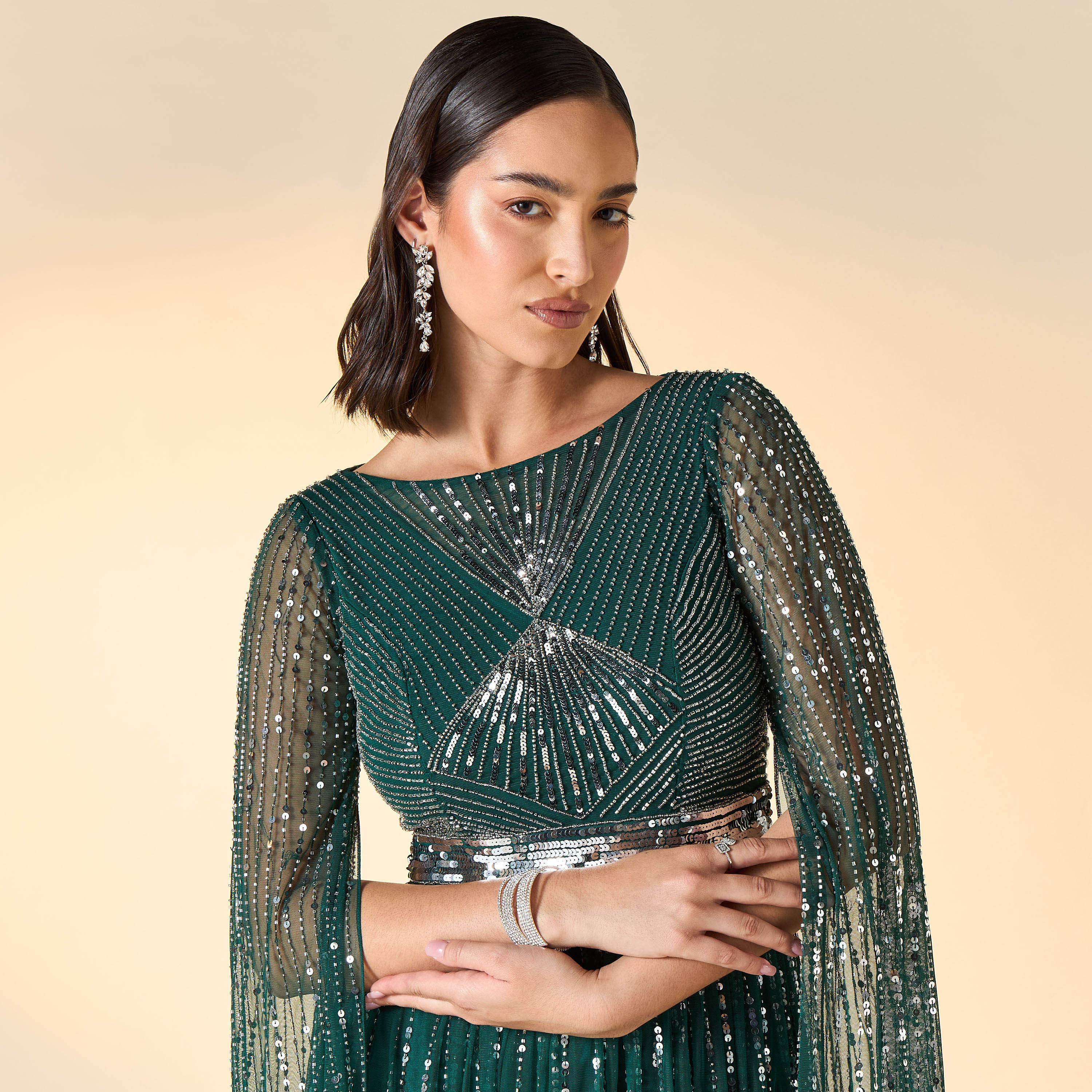 Amelia Rose All-Over Embellished Dress with Cape Sleeves and Boat Neck-women-clothing-dresses-image-4