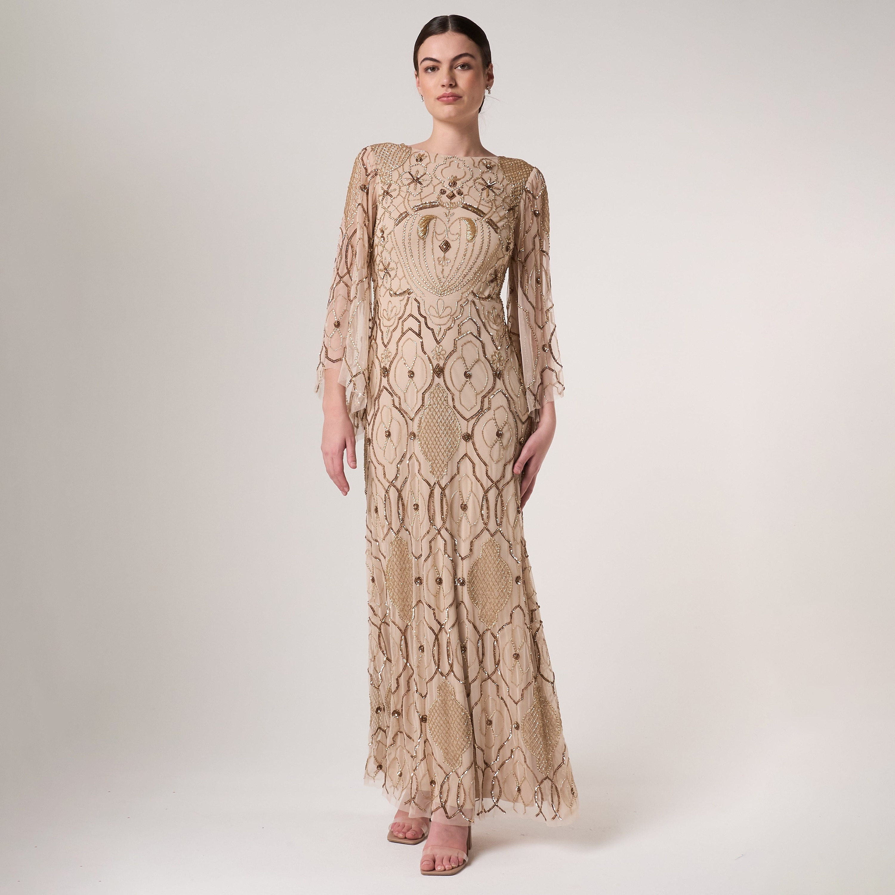 Amelia Rose Nude Gold Beaded Lace Flared Sleeves Women's Evening Maxi Dress-women-clothing-dresses-image-1