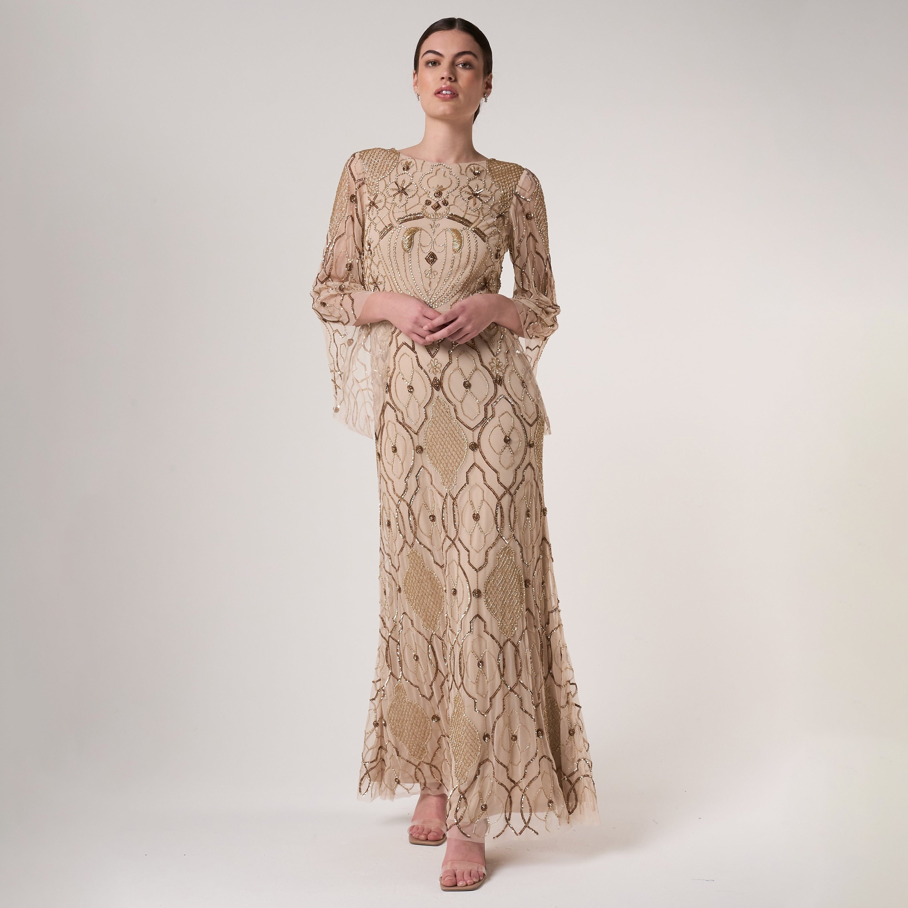 Amelia Rose Nude Gold Beaded Lace Flared Sleeves Women's Evening Maxi Dress-women-clothing-dresses-image-2