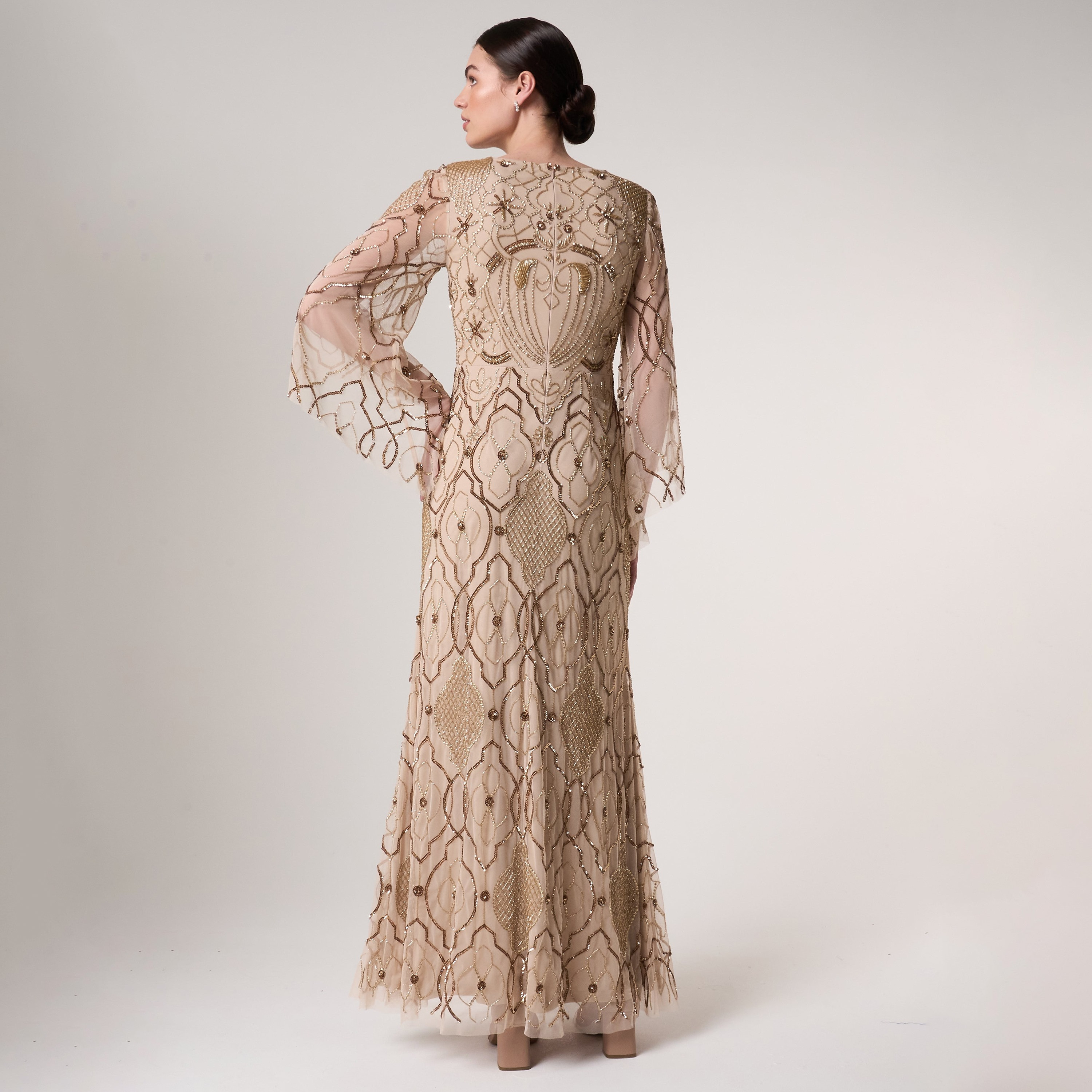 Amelia Rose Nude Gold Beaded Lace Flared Sleeves Women's Evening Maxi Dress-women-clothing-dresses-image-3