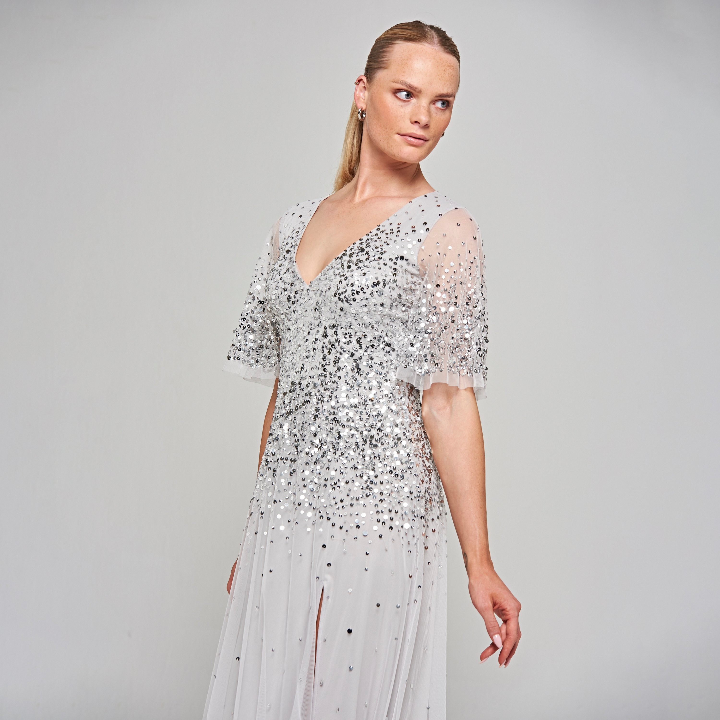 Amelia Rose Grey Sequin Plunge Neck Slit Party Maxi Women's Dress-women-clothing-dresses-image-2
