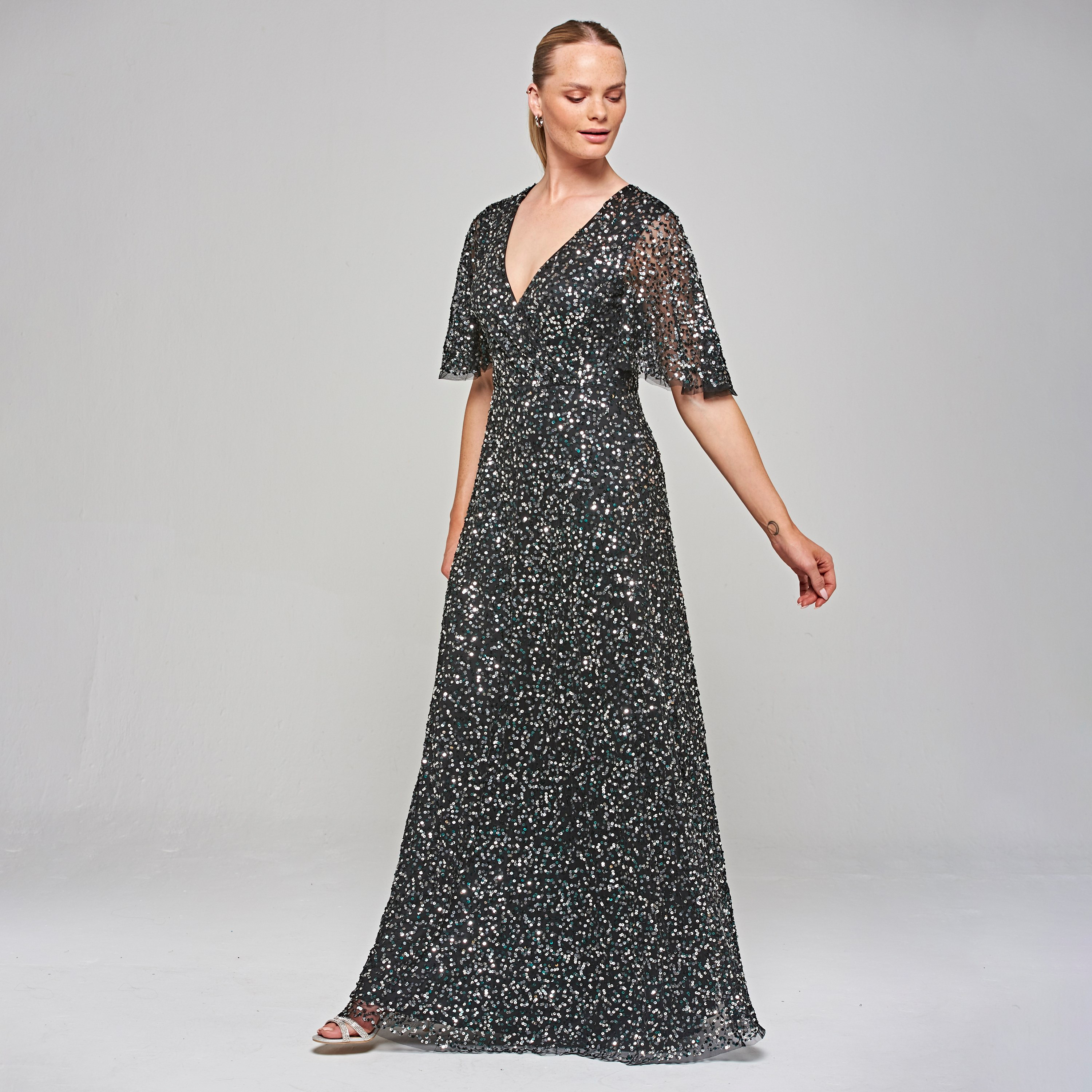 Amelia Rose Black Sequin Plunge Neck Flared Sleeves Fit & Flare Party Maxi Women's Dress-women-clothing-dresses-image-1