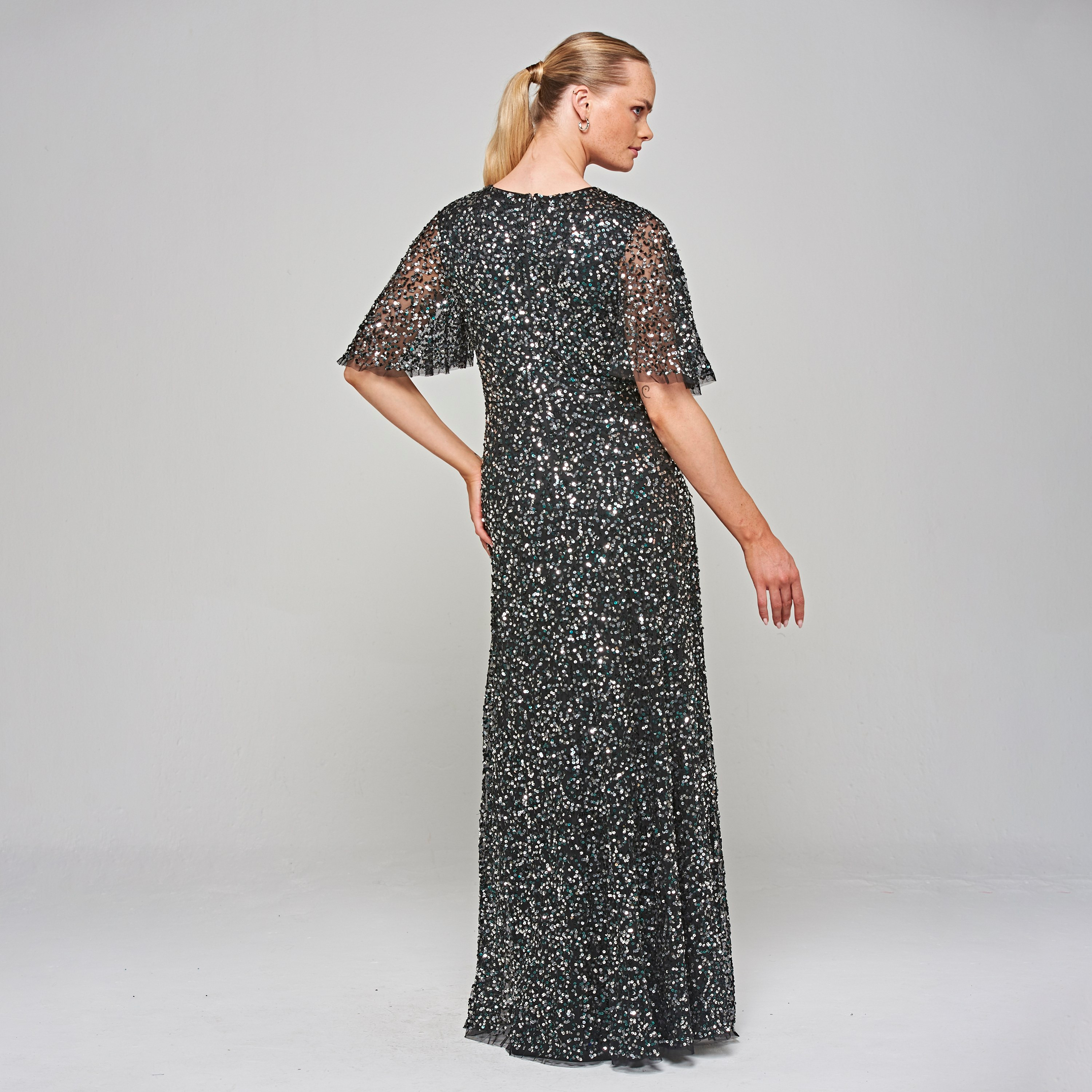 Amelia Rose Black Sequin Plunge Neck Flared Sleeves Fit & Flare Party Maxi Women's Dress-women-clothing-dresses-image-3