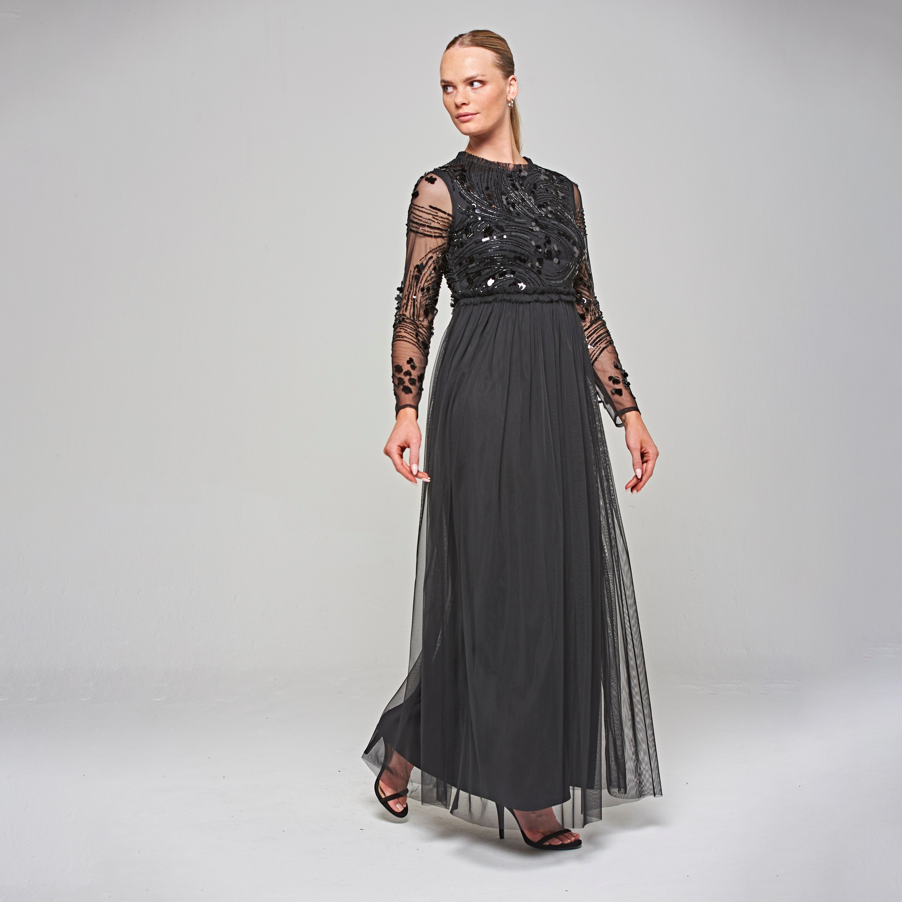 Amelia Rose Black Beaded & Sequin Ruffle Neck Fit & Flare Party Maxi Women's Dress-women-clothing-dresses-image-1