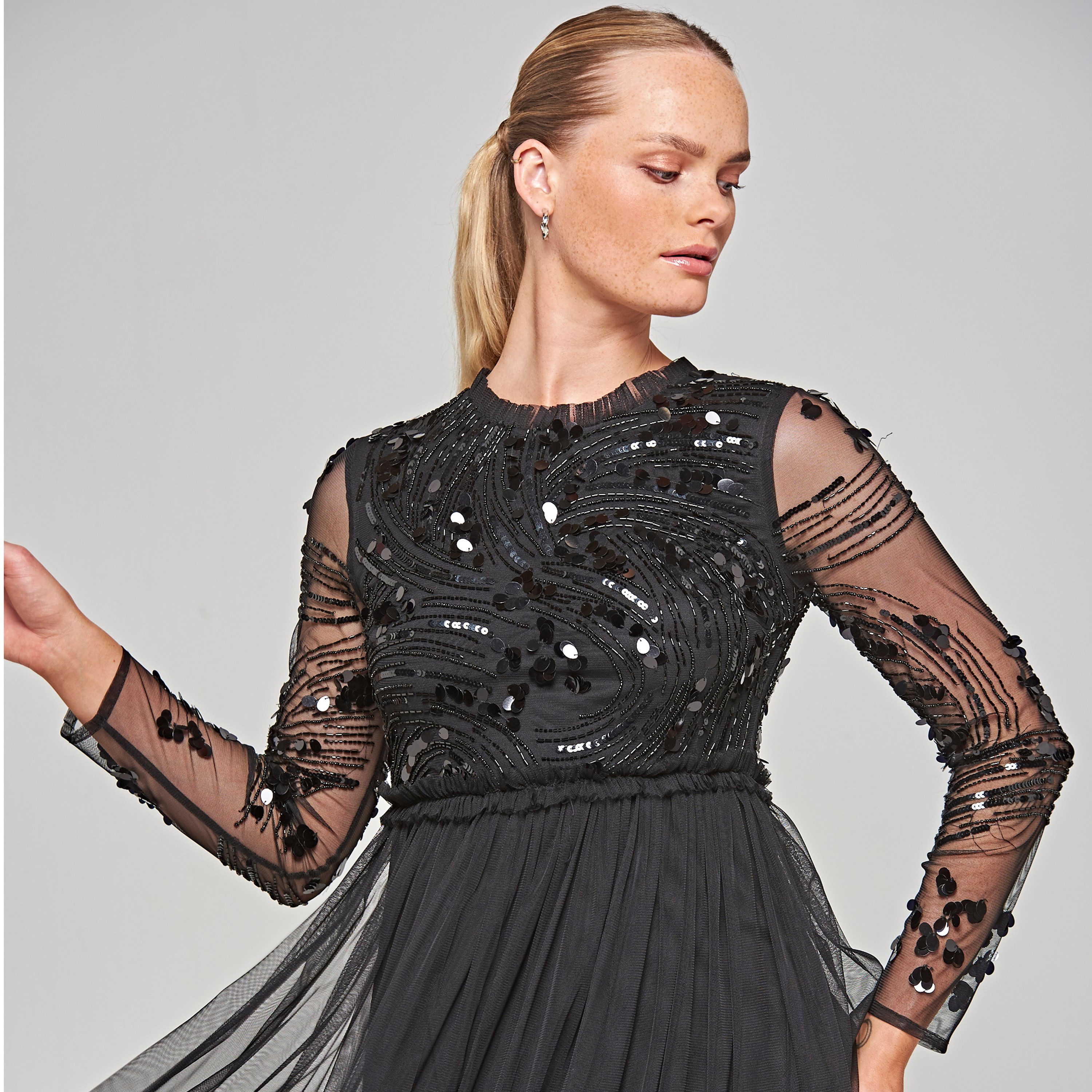 Amelia Rose Black Beaded & Sequin Ruffle Neck Fit & Flare Party Maxi Women's Dress-women-clothing-dresses-image-2