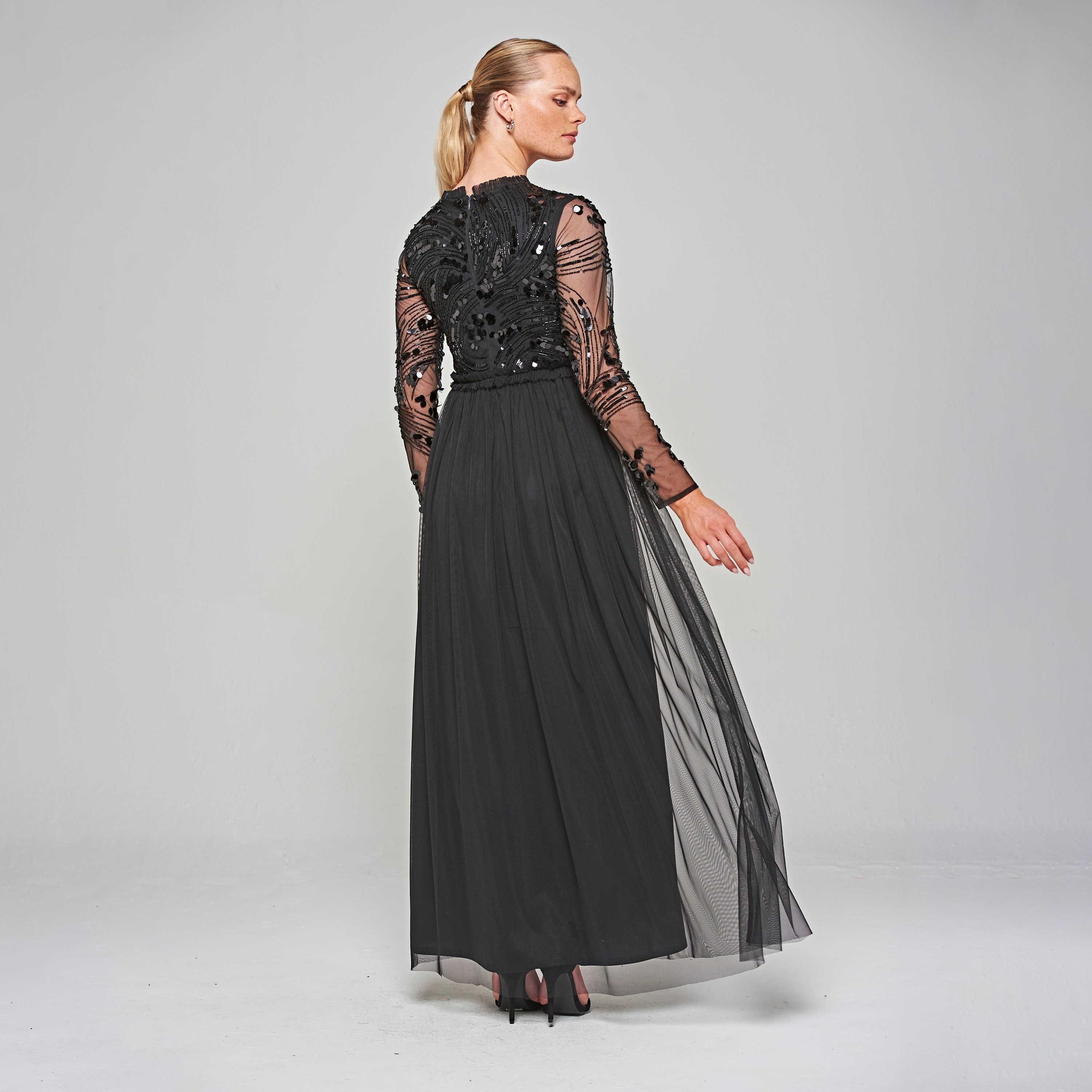Amelia Rose Black Beaded & Sequin Ruffle Neck Fit & Flare Party Maxi Women's Dress-women-clothing-dresses-image-3