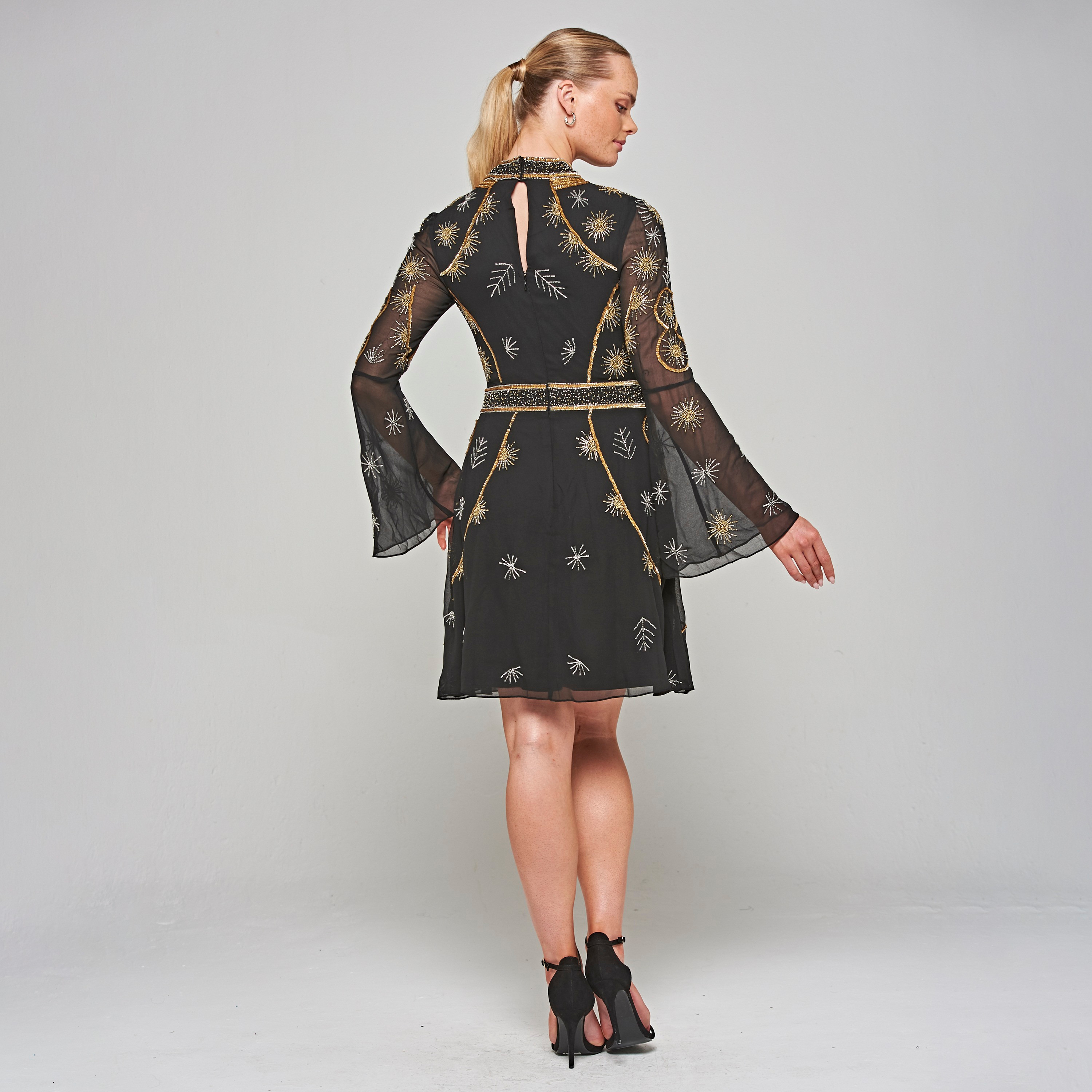 Amelia Rose Black Beaded & Sequin Bell Sleeves A-Line Party Mini Women's Dress-women-clothing-dresses-image-3