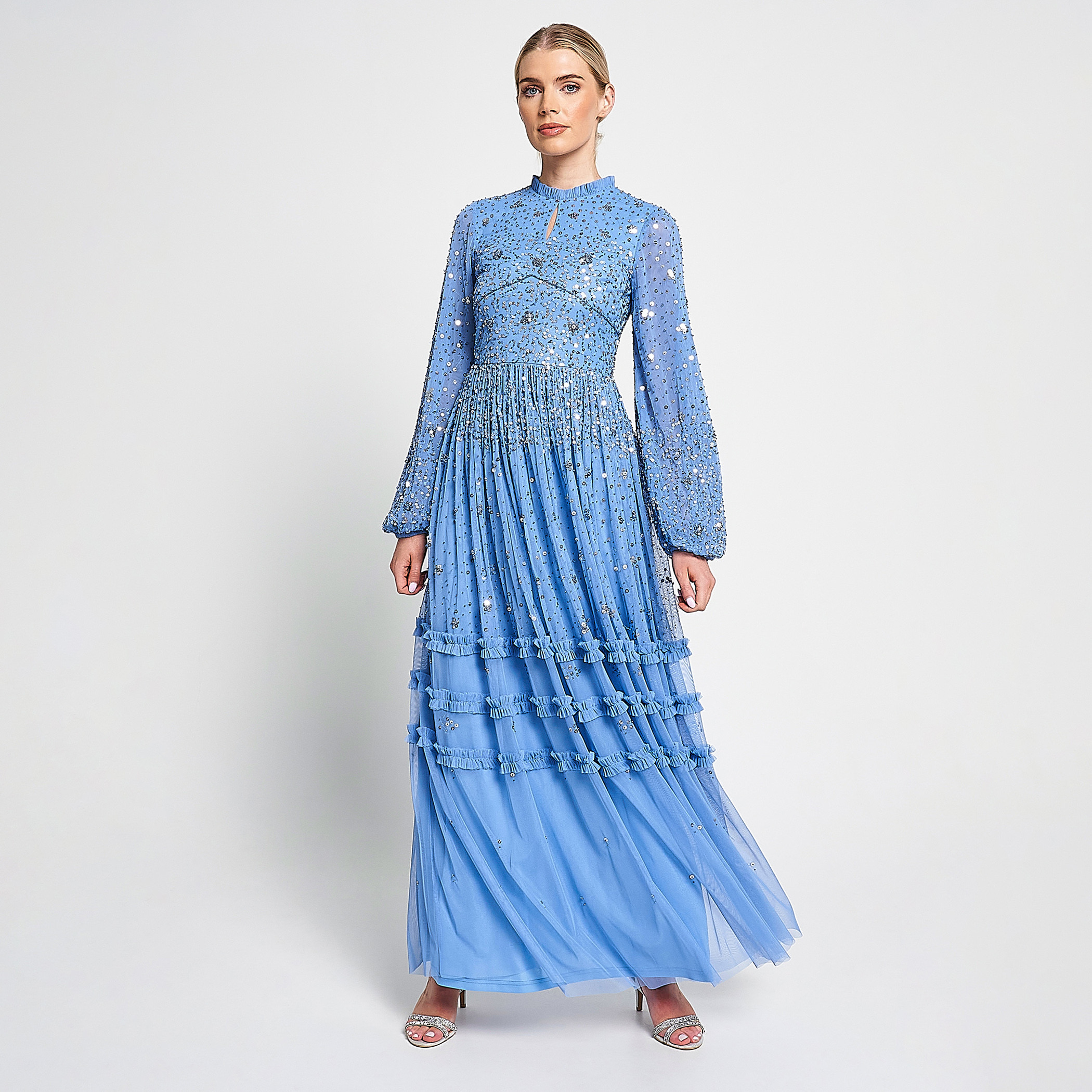 Amelia Rose Beaded & Sequin Ruffle Neck Fit & Flare Party Maxi Women's Dress-women-clothing-dresses-image-1
