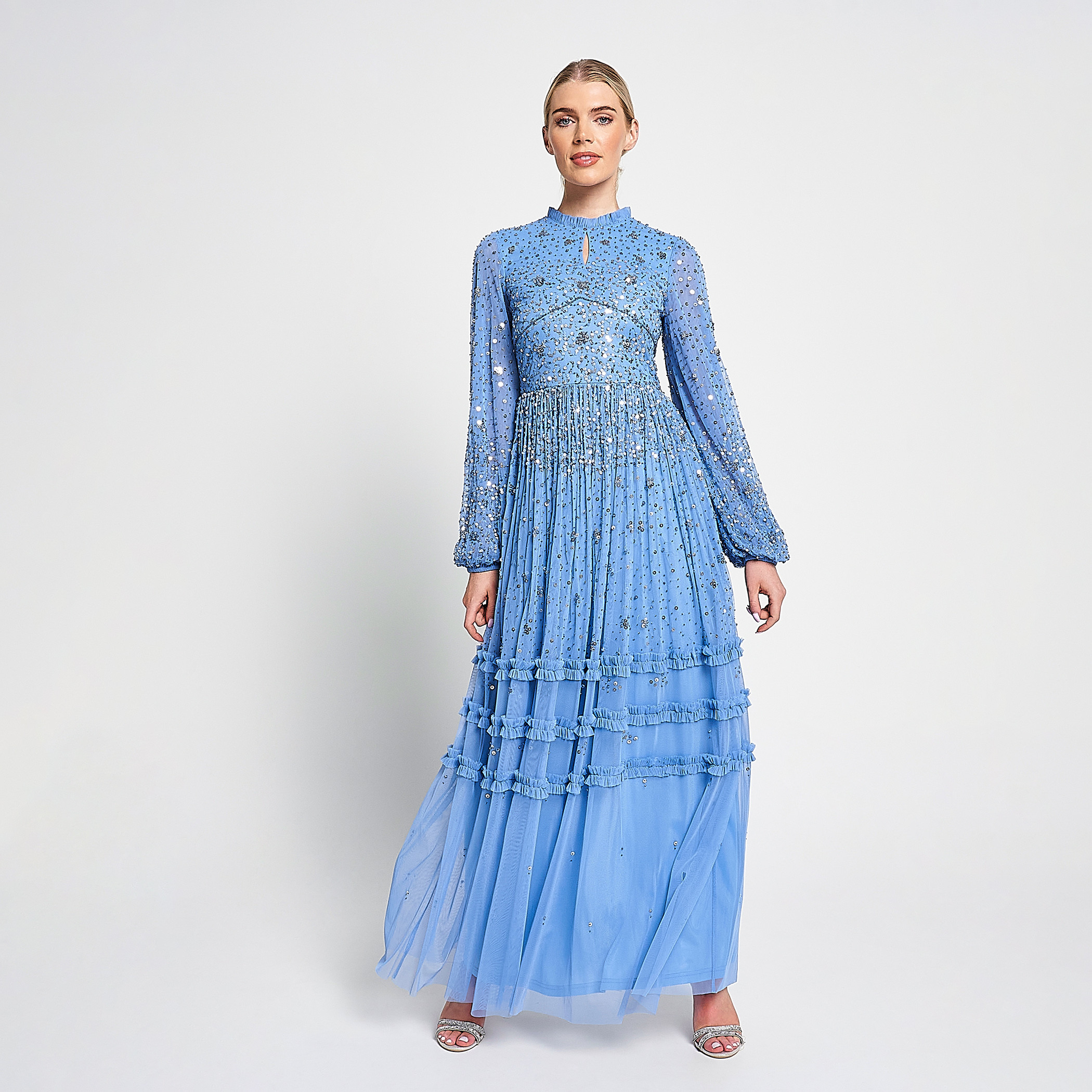 Amelia Rose Beaded & Sequin Ruffle Neck Fit & Flare Party Maxi Women's Dress-women-clothing-dresses-image-2